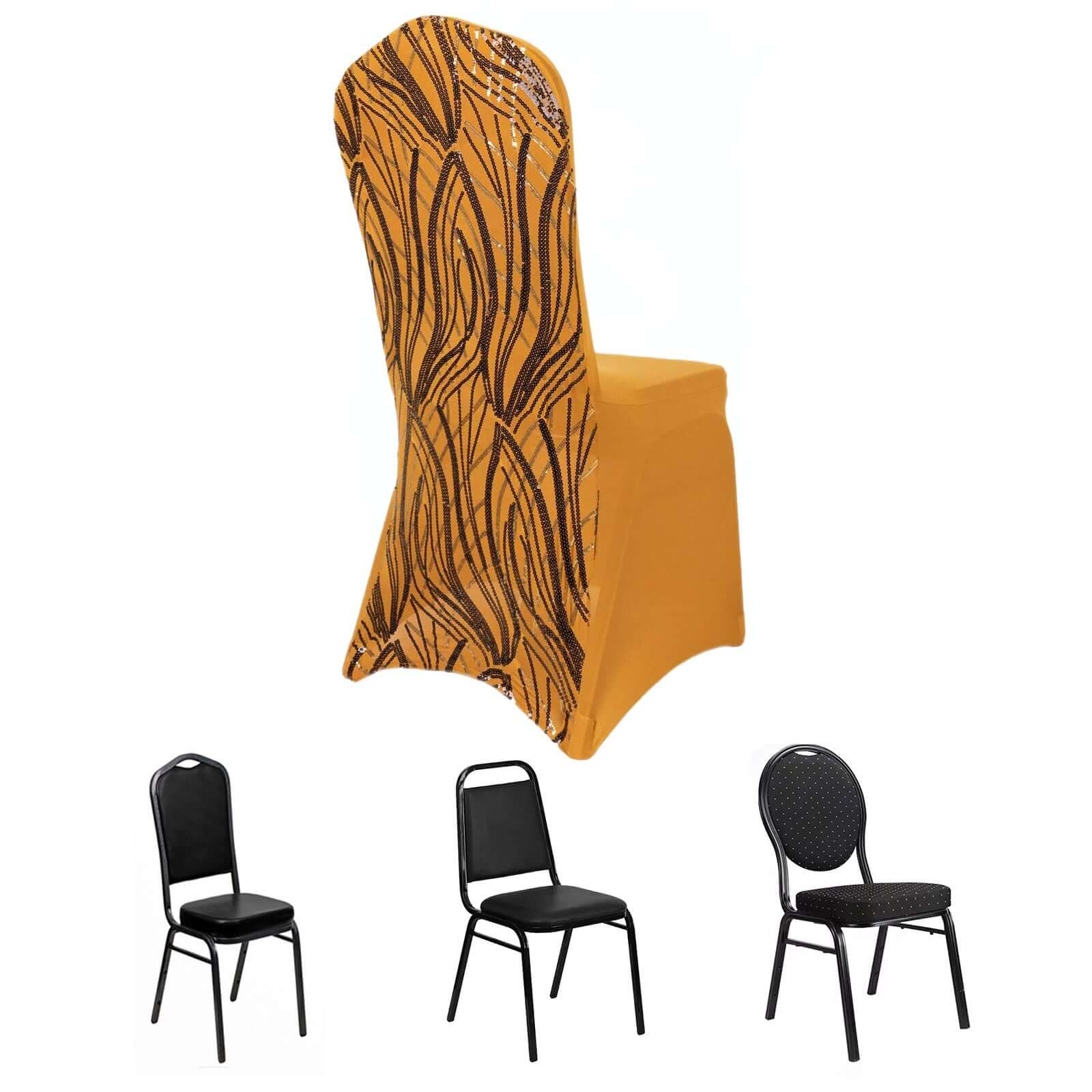Hot! Gold/Black Glittering Spandex Chair Cover with Wave Embroidered Sequins for Banquets