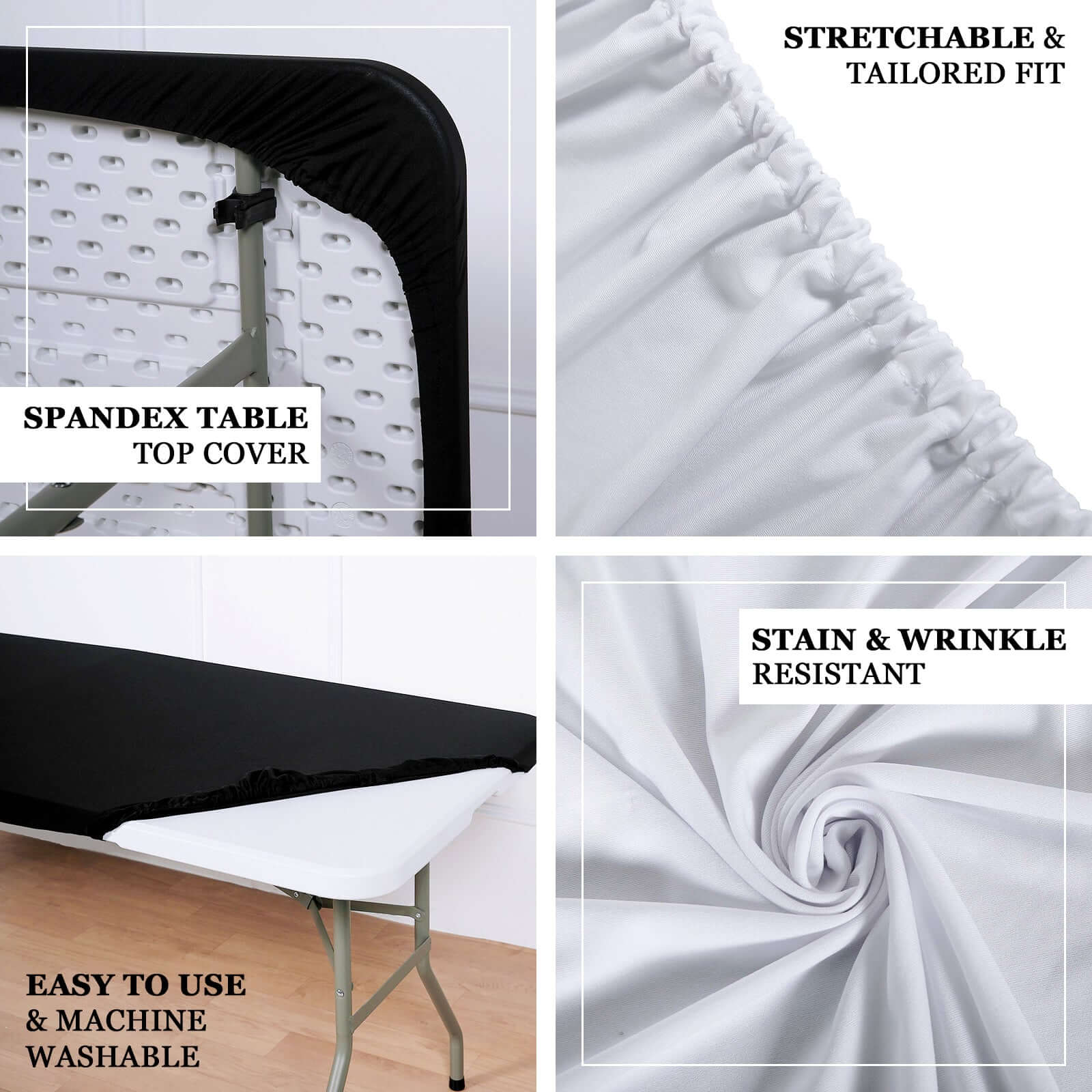 Black Spandex Table Topper - Stretchy, Wrinkle-Free & Fitted (96x30)