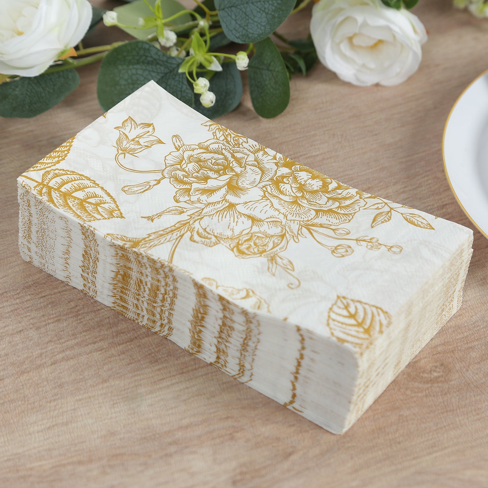 50-Piece 2-Ply White Paper Dinner Napkins with Gold French Toile Floral Design - Ideal for Events