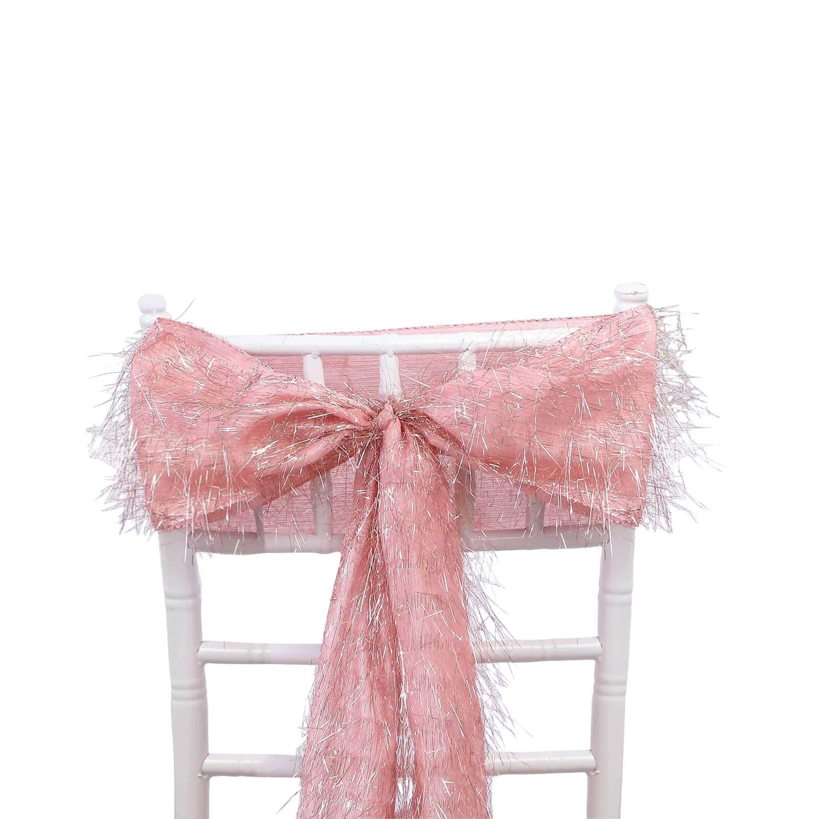 5-Pack Rose Gold Polyester Chair Sashes with Metallic Tinsel Fringe - Easy-to-Use Bows