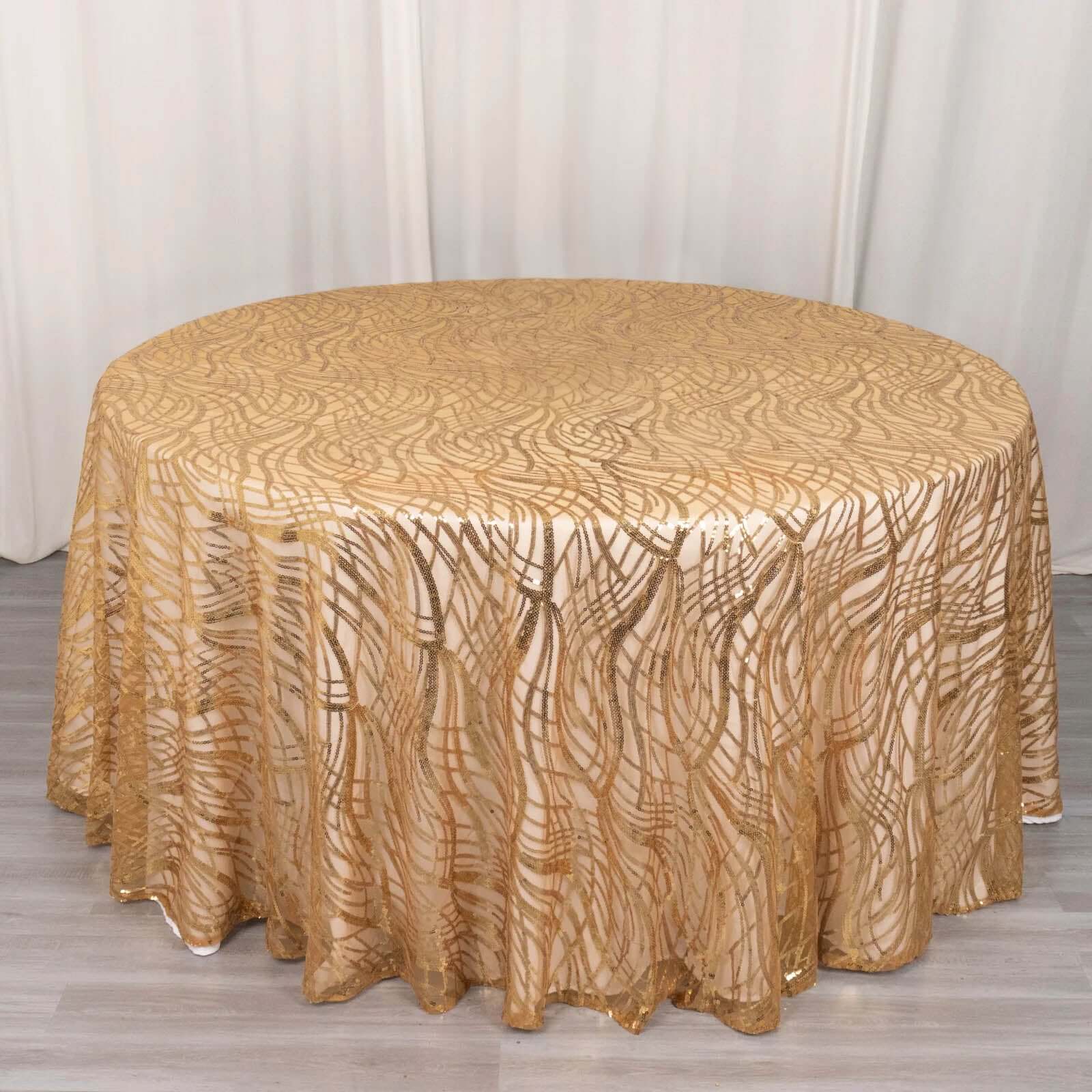 120' Gold Sequin Mesh Round Tablecloth with Seamless Wave Embroidered Design for Events