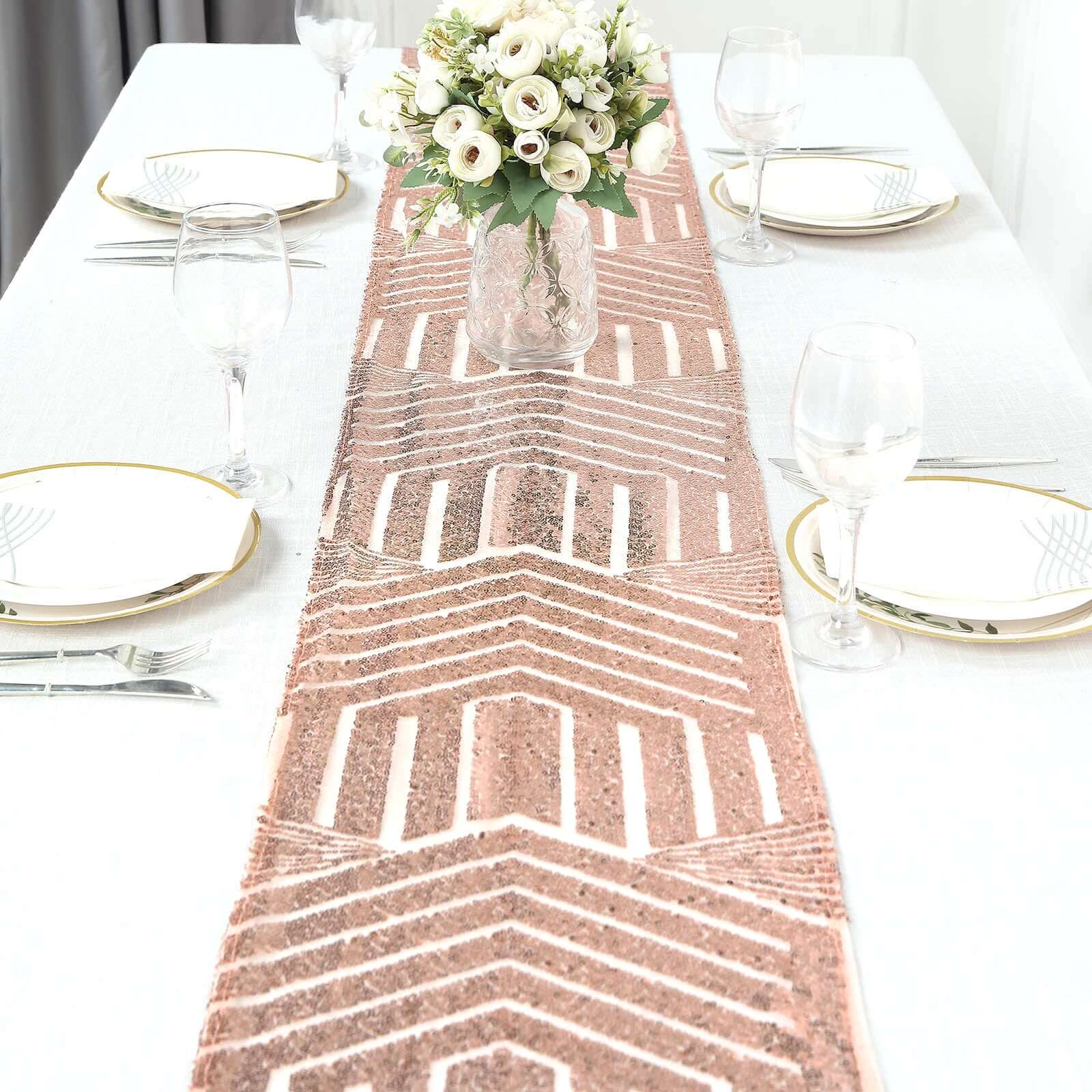 Hot! Rose Gold Sequin 12x108 Table Runner with Diamond Glitz