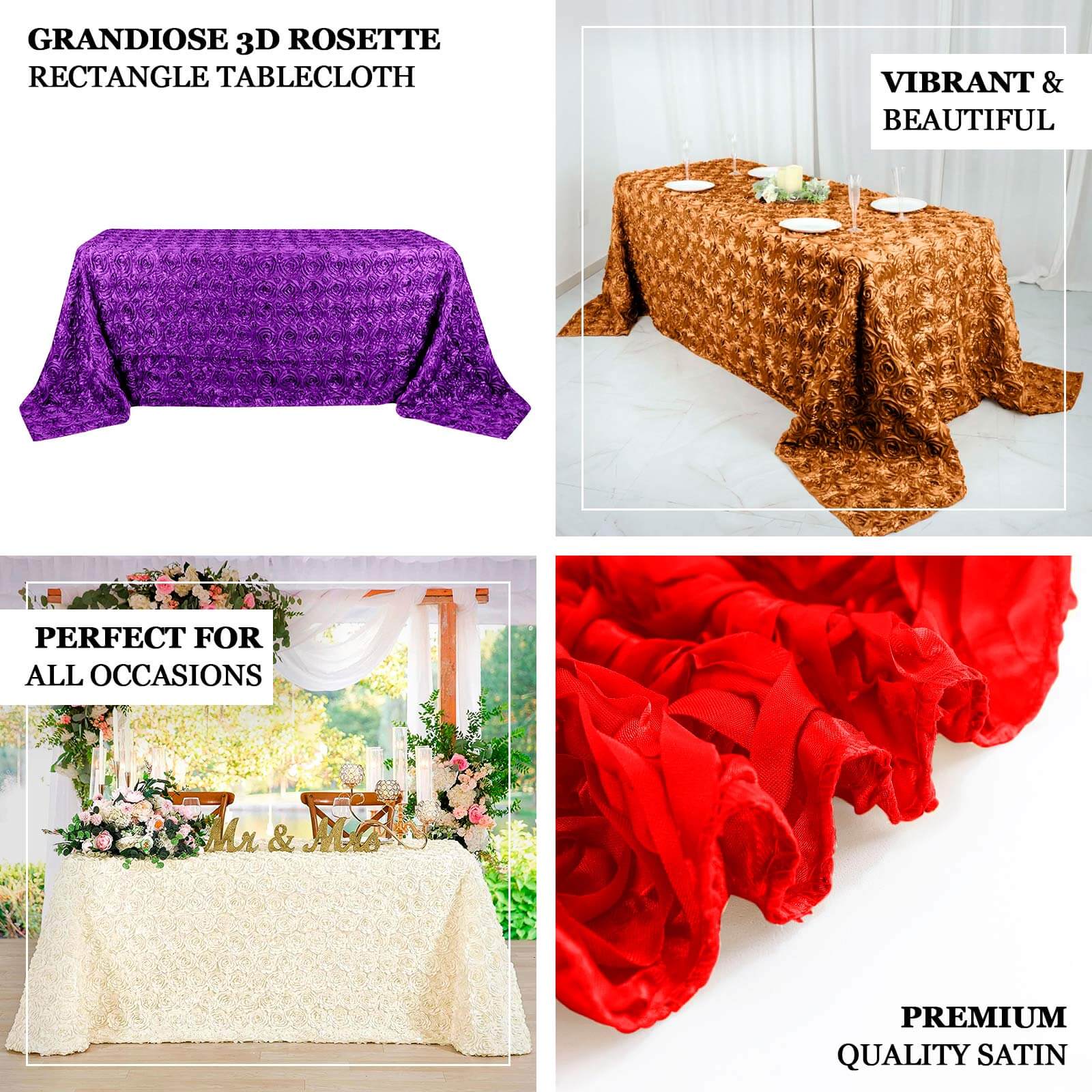 Hot Deal! Red Satin 90x132 Rectangle Tablecloth with 3D Rosette