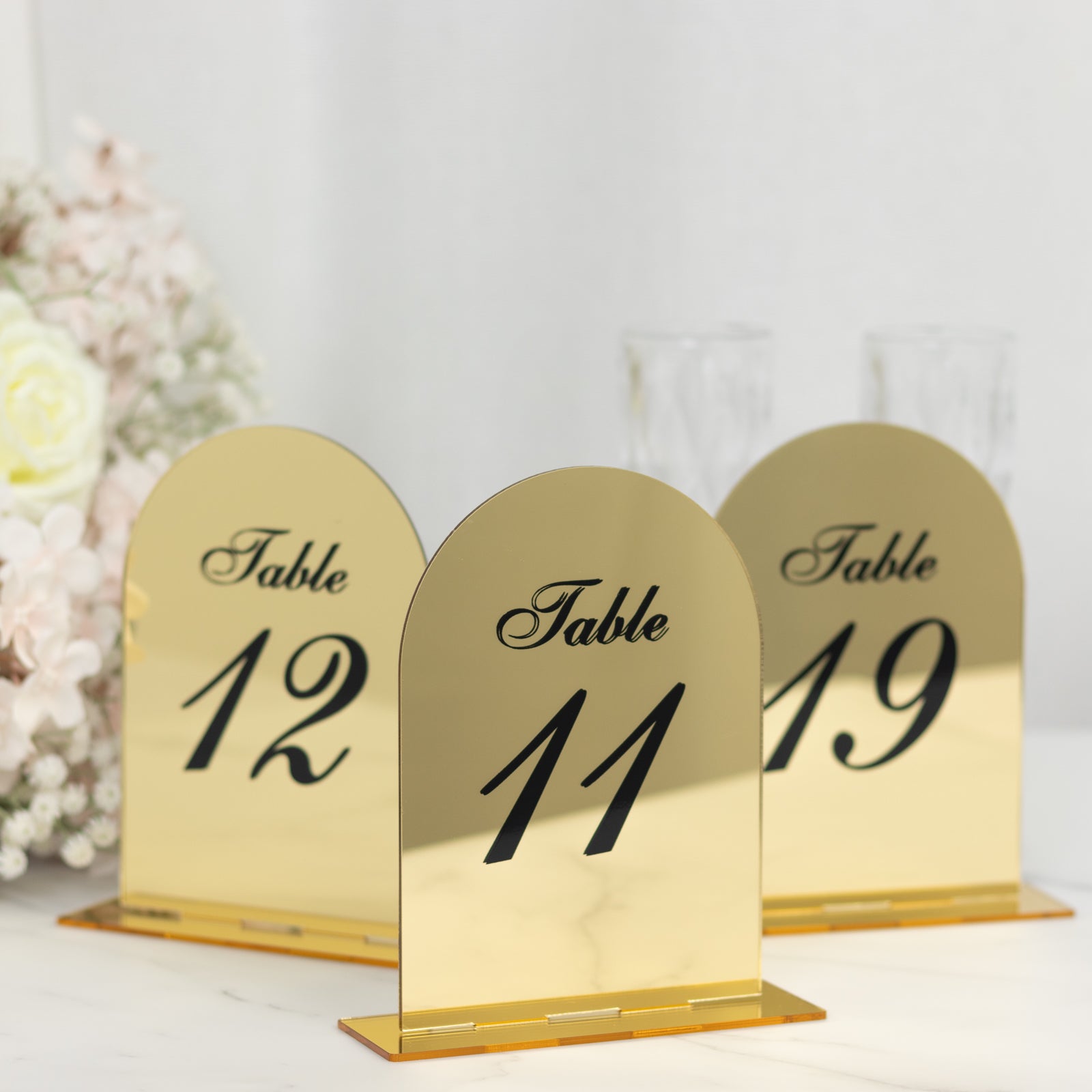 Gold Mirror Arch Acrylic Wedding Table Numbers (11 - 20) - 6x7 Signs with Black Print & Stands