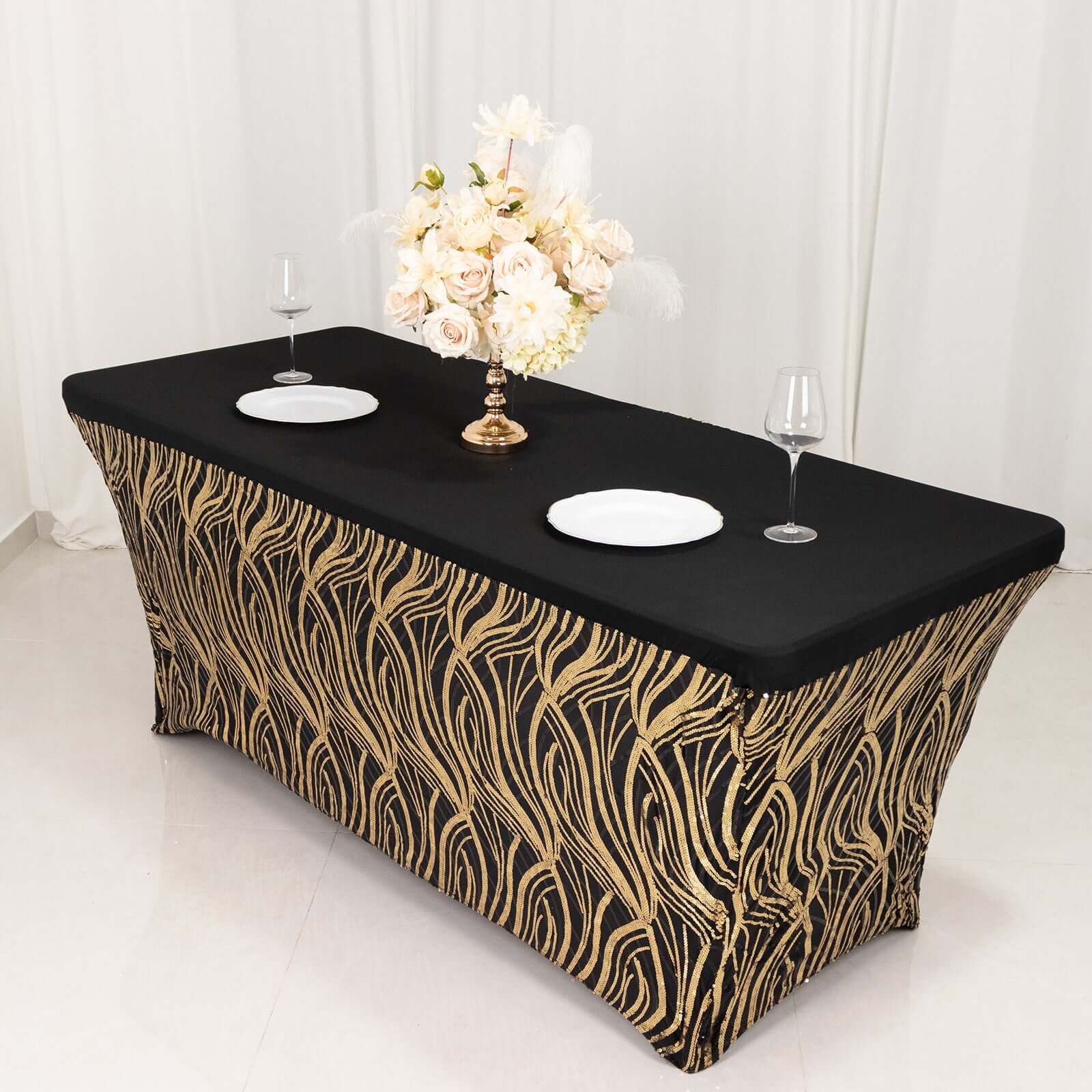 Black/Gold Wave Embroidered Four-Way Stretch Sequin Spandex Tablecloth for Luxe Events