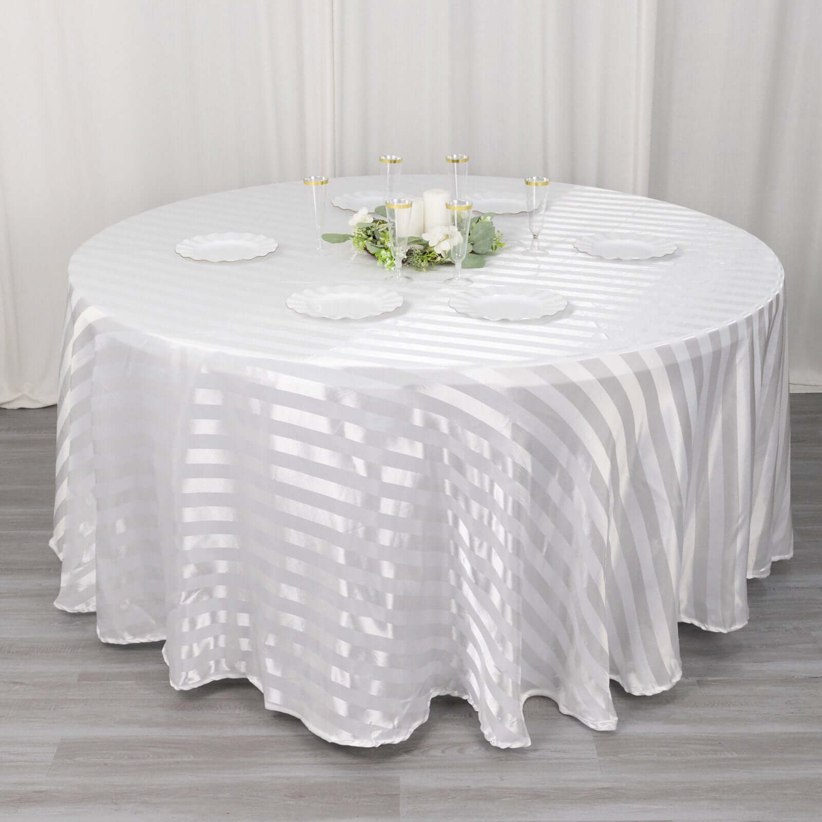 Silky Smooth Seamless White Satin Round Tablecloth with Glossy Stripes - Ideal for Weddings