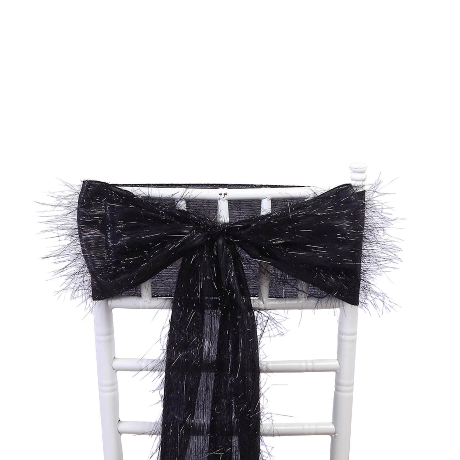5-Piece Set of Black Metallic Tinsel Fringe Polyester Chair Sashes - Effortless Chair Bows, 6x108