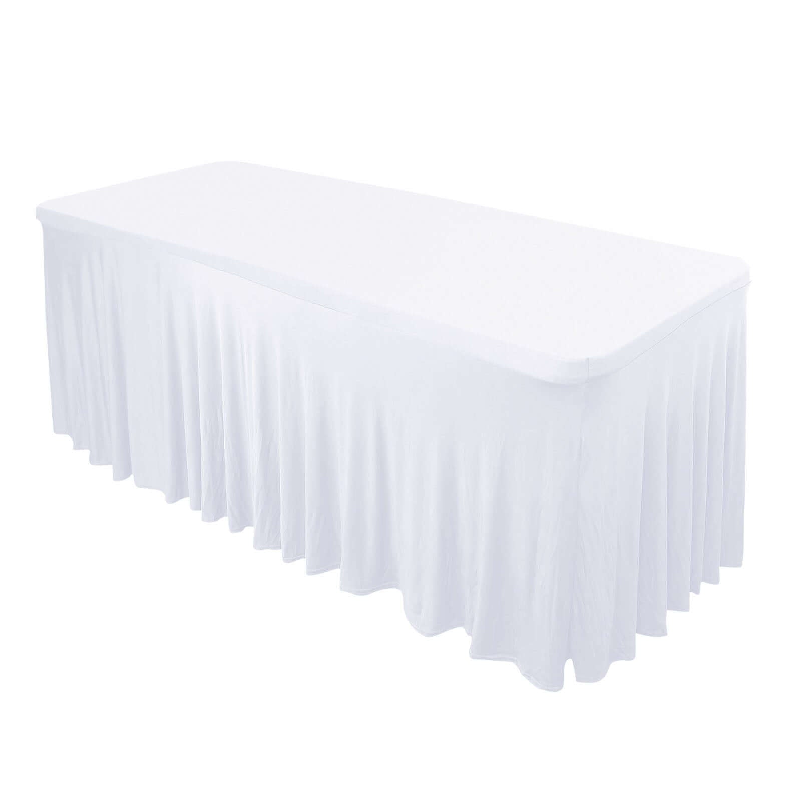 Stylish White Spandex Table Skirt with Wavy Effect for Weddings, Banquets & Trade Shows