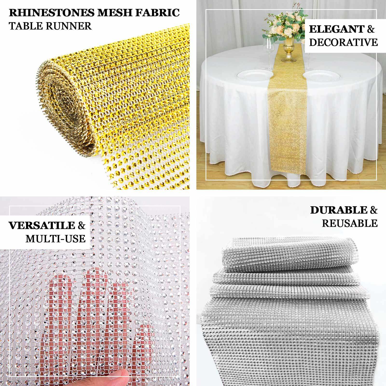 Hot Sale! 10x108 Gold Plastic Table Runner with Luxurious Diamond Mesh Shine