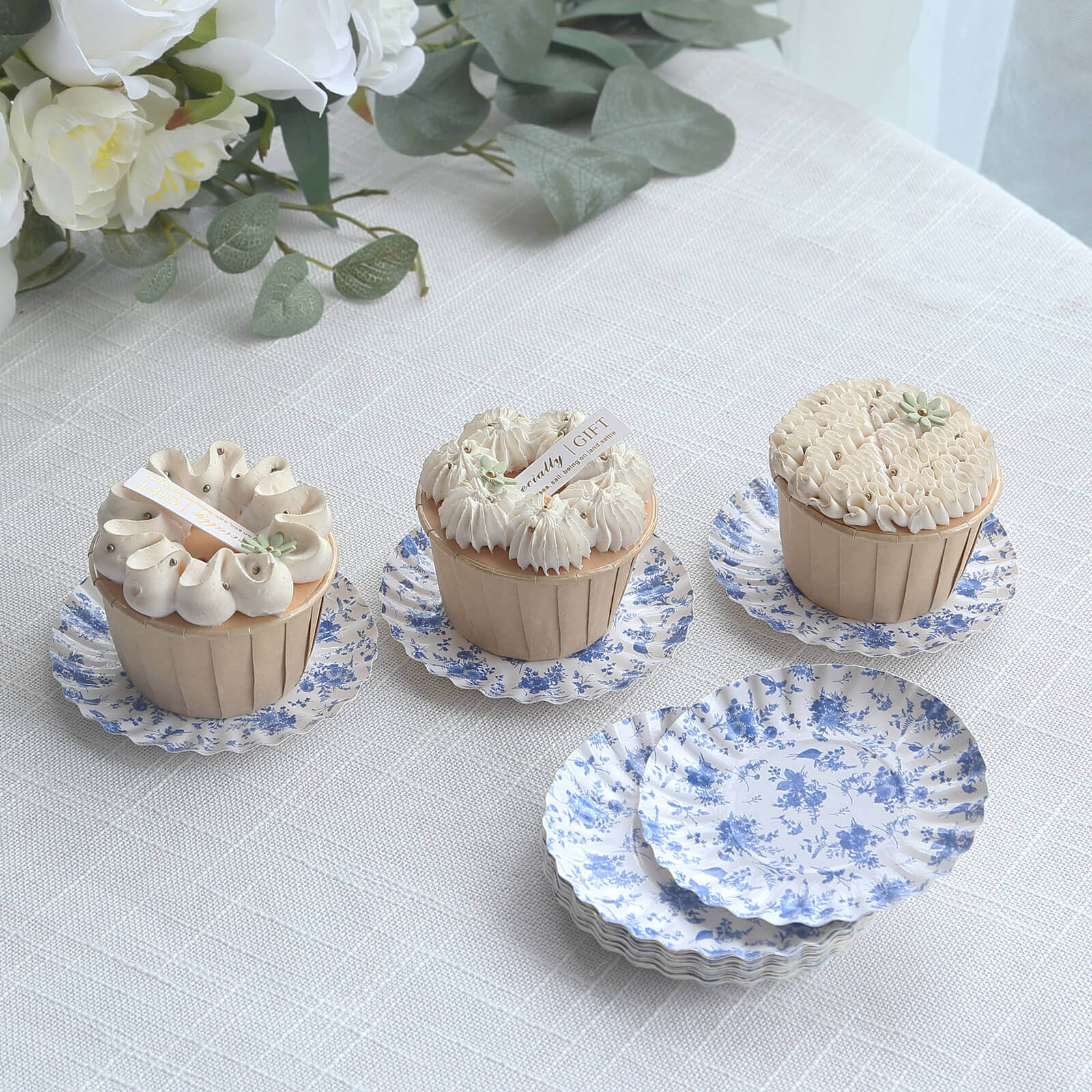 Hot Deal! 100-Pack Disposable White Paper Dessert Plates with Blue French Toile Design & Scalloped Rim