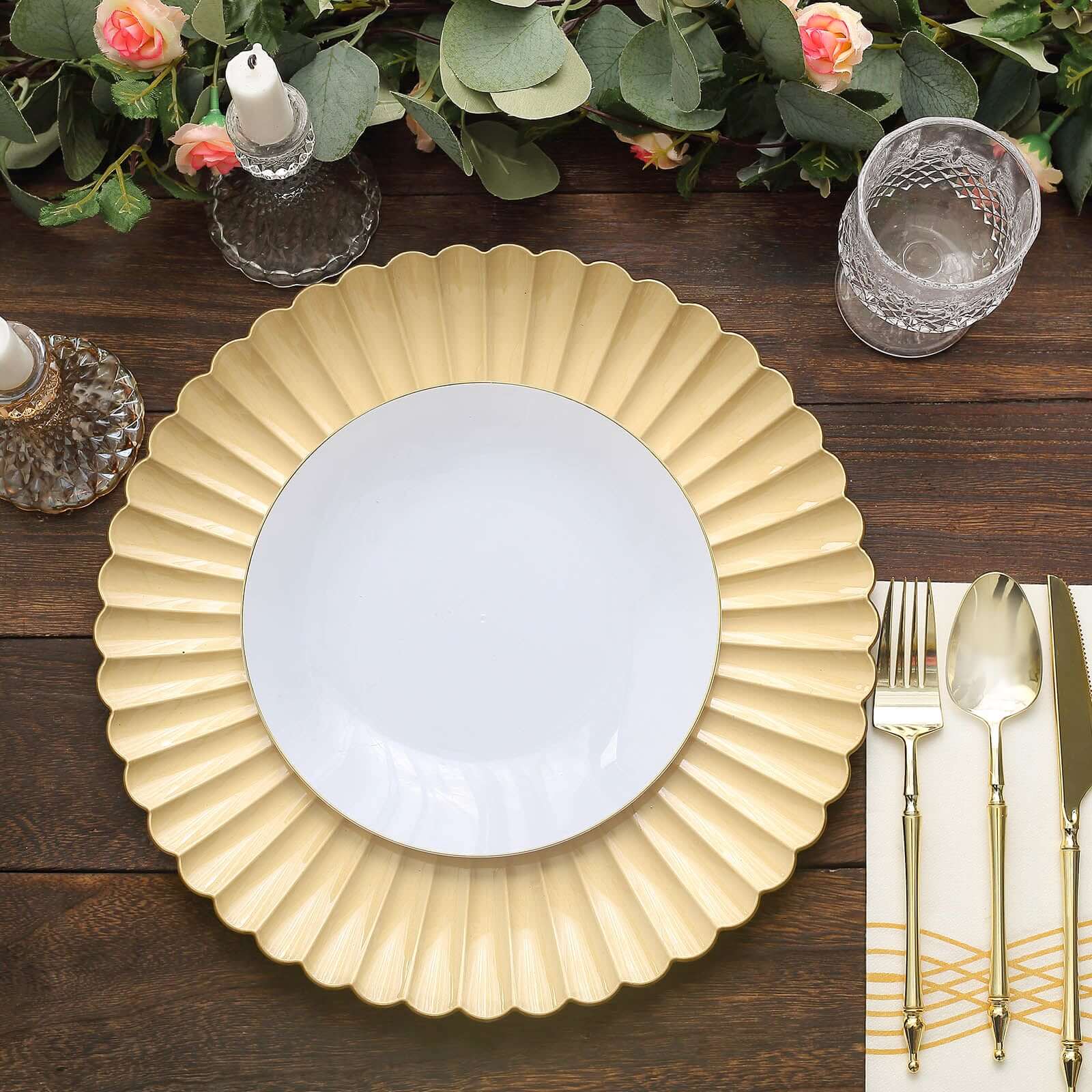 6-Pack Gold Plastic Round Charger Plates, 13 inches, Coastal Style with Scalloped Shell Pattern, Disposable Tableware