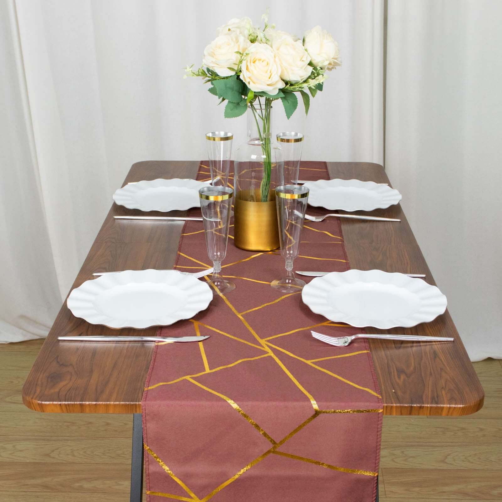 Hot Sale! 9ft Polyester Table Runner in Cinnamon Rose with Gold Foil Geometric Design