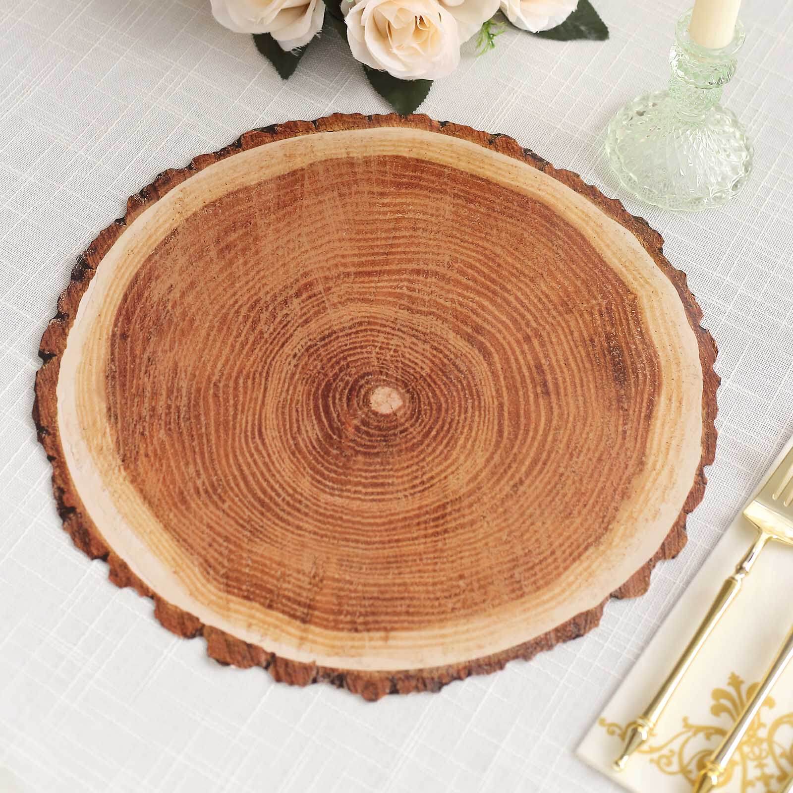 6-Pack Premium Disposable Round Cardboard Placemats with Natural Wood Slice Print, 13" Diameter