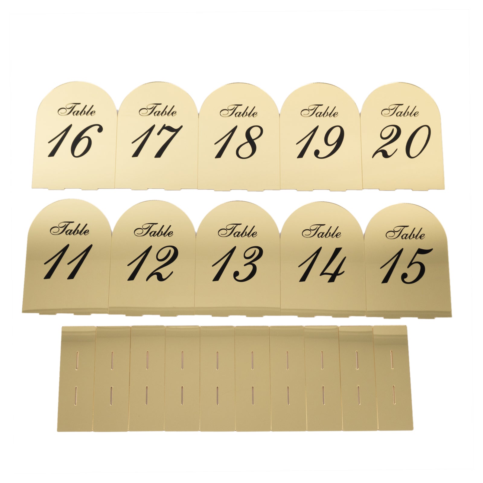 Gold Mirror Arch Acrylic Wedding Table Numbers (11 - 20) - 6x7 Signs with Black Print & Stands