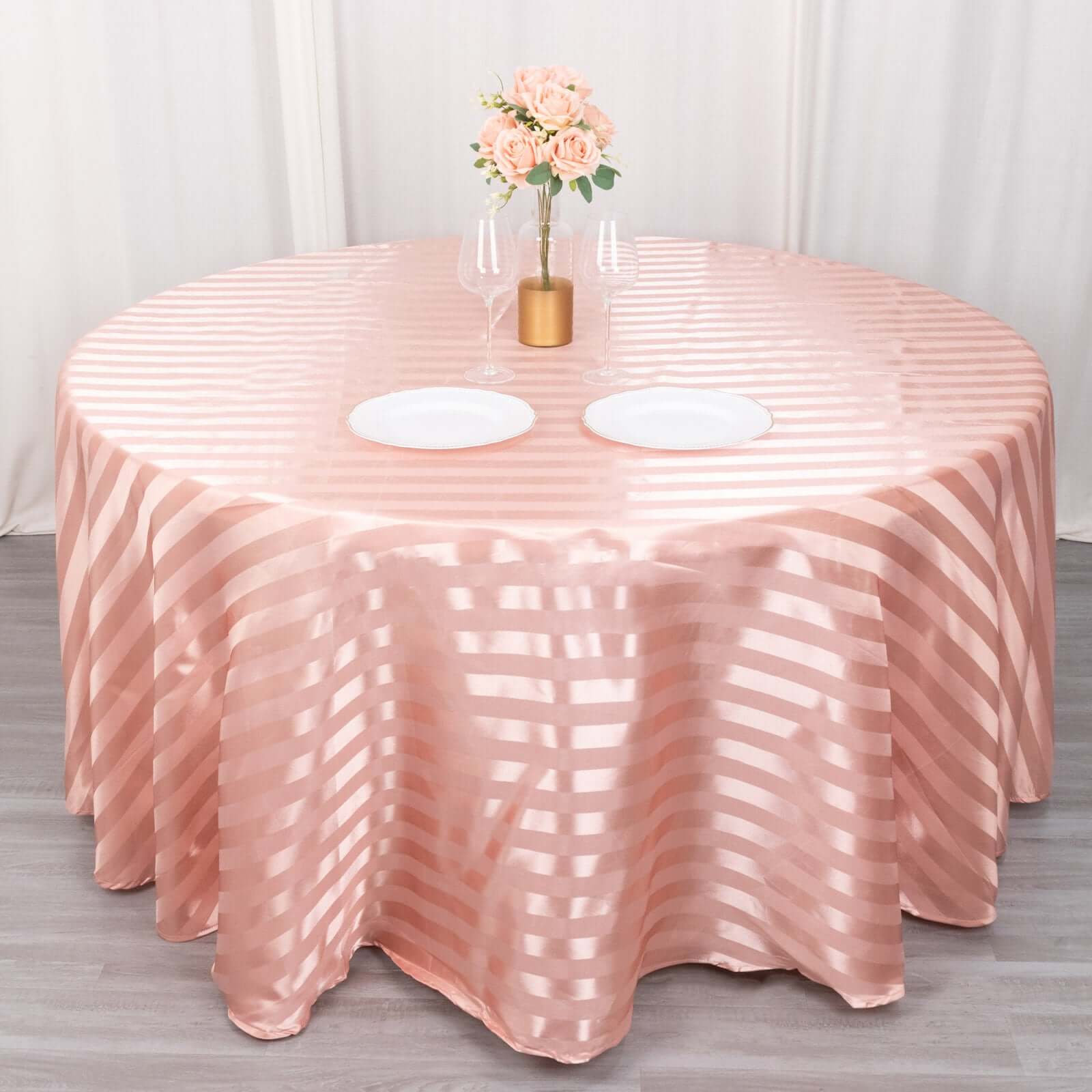 Hot Deal! Silky Seamless Dusty Rose Satin Round Tablecloth with Glossy Stripes, 120' Dia.