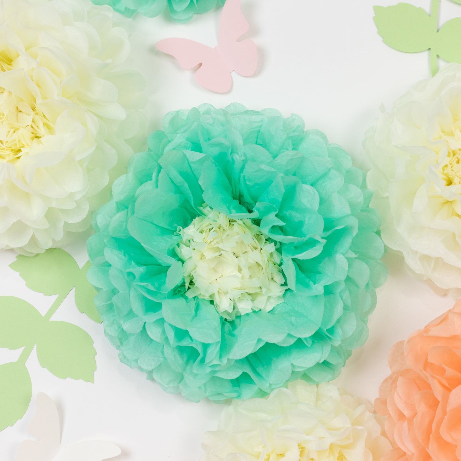 Hot! 21-Piece Tissue Paper Flower Pom Poms Decor Kit - Cream Peach 3D Chrysanthemum Wall Decor with Butterflies & Olive Leaves