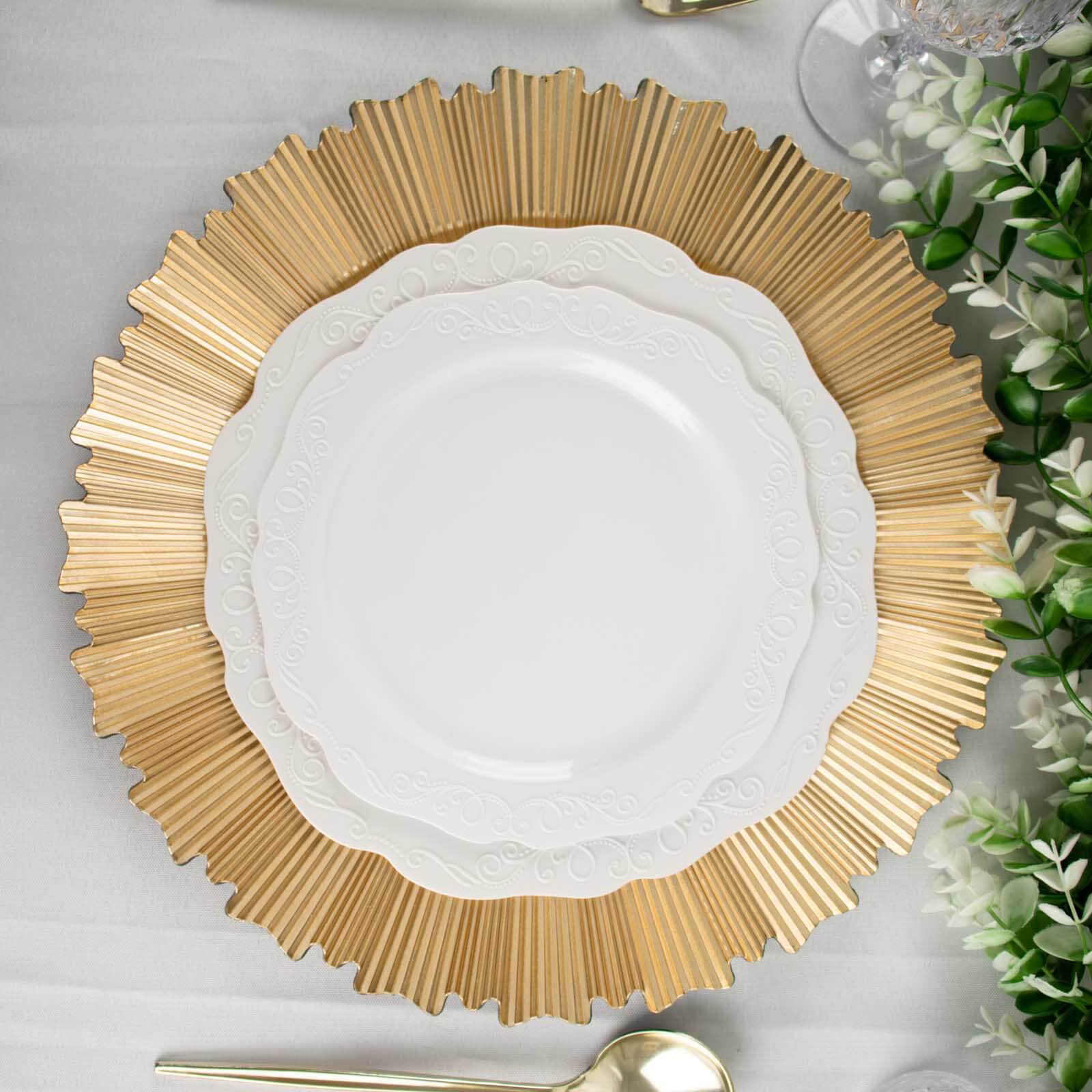 6-Piece Set of 13-Inch Metallic Gold Acrylic Plastic Charger Plates with Sunray Scalloped Edges