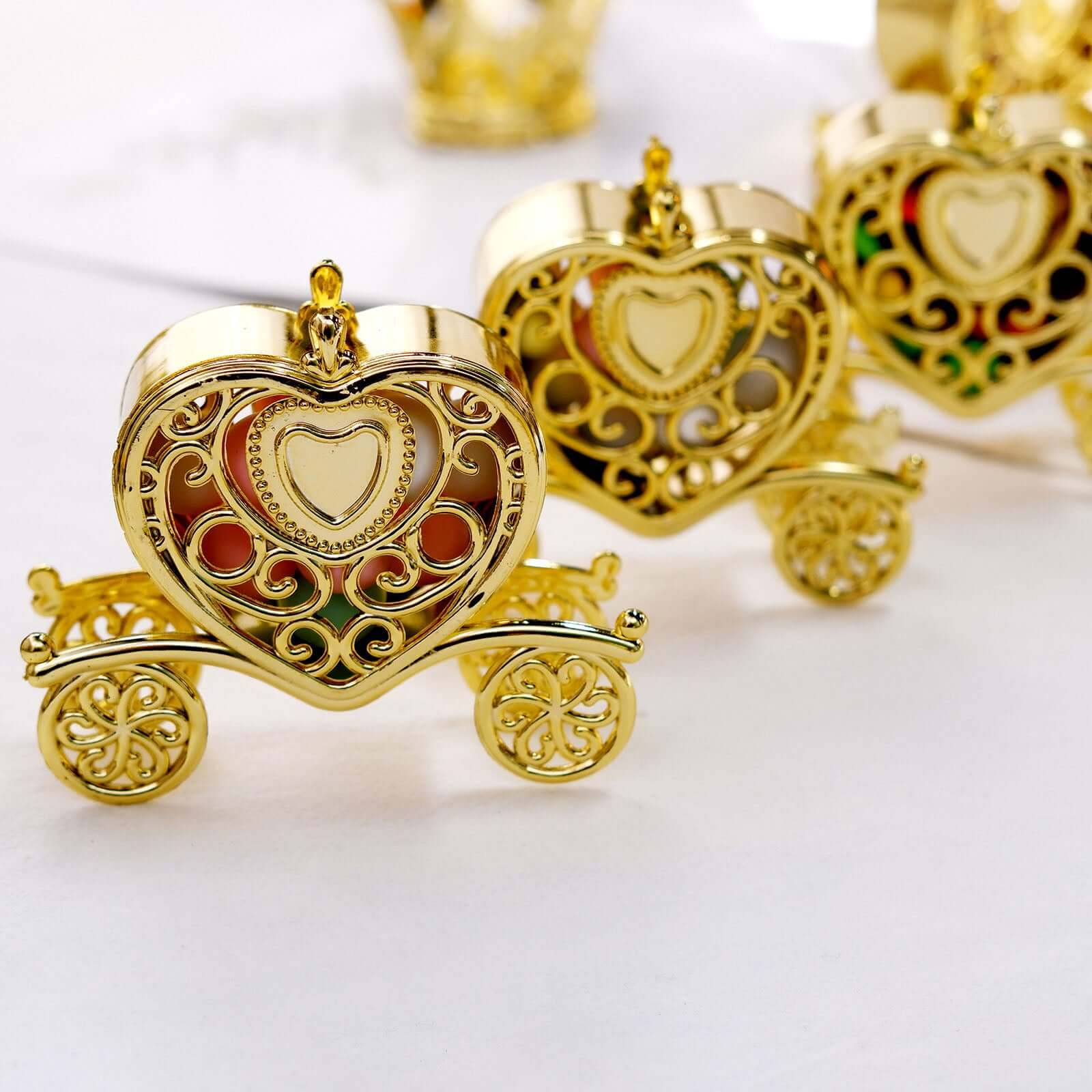12-Pack Gold Plastic Princess Heart Carriage Party Favor Boxes for Treats