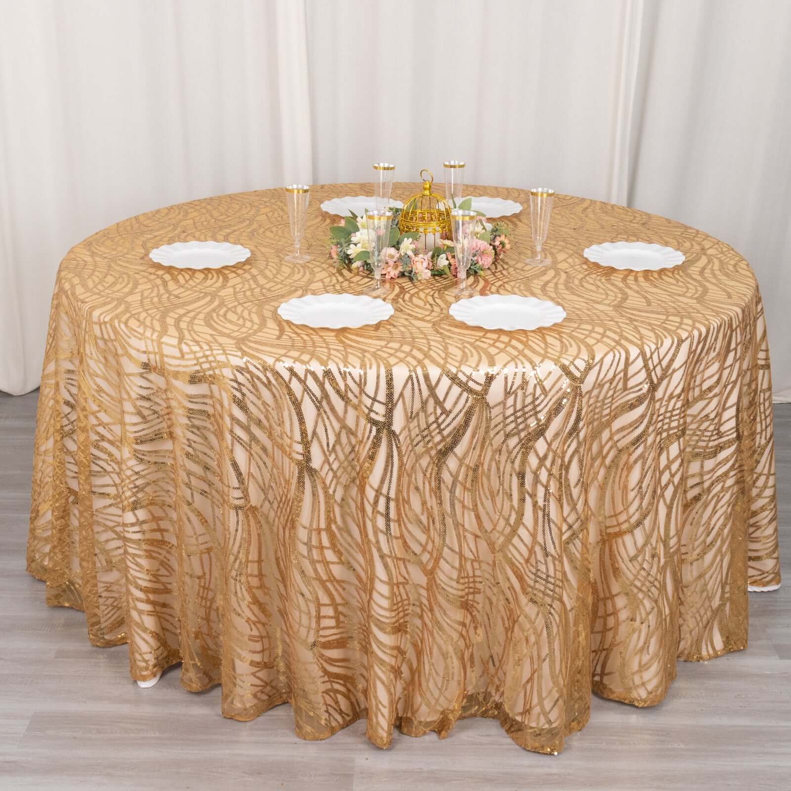 120' Gold Sequin Mesh Round Tablecloth with Seamless Wave Embroidered Design for Events