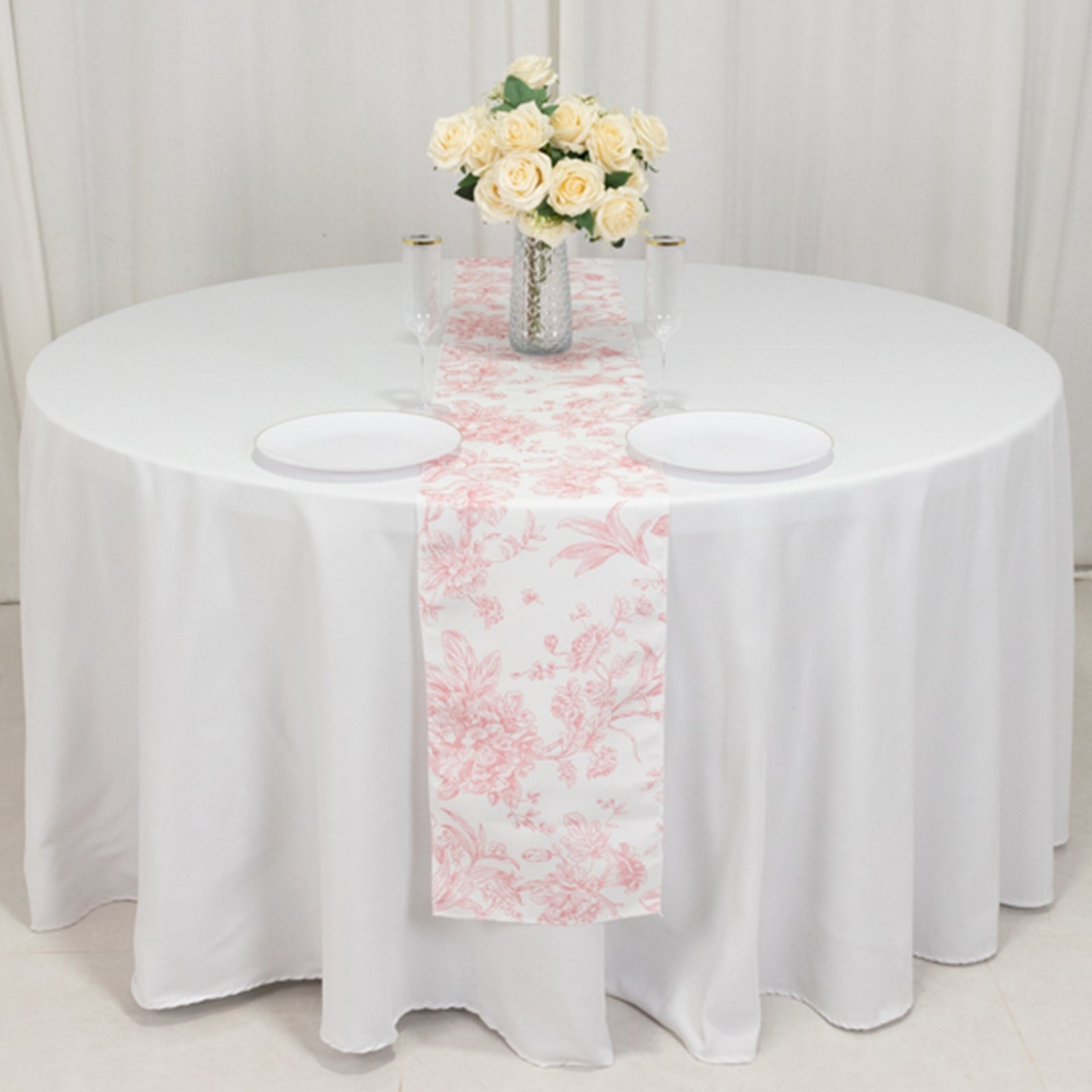 Hot Sale! Reusable White Polyester Table Runner with Pink French Toile Floral Print, 12x108