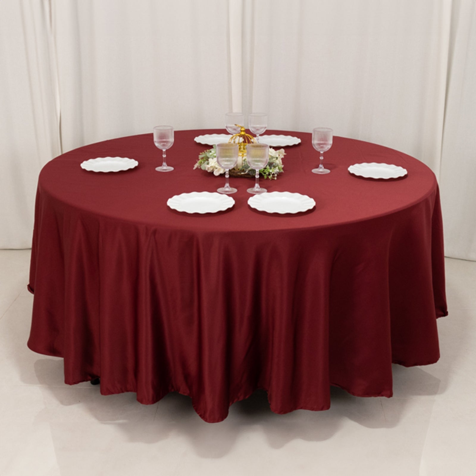 Premium Lamour Satin Round Tablecloth in Burgundy - Durable & Silk-Like, 108" Dia.
