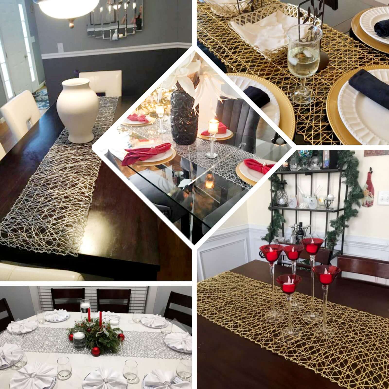 Hot Sale! 16x72 Gold Foil Wrapped Metallic String Woven Table Runner for Decor