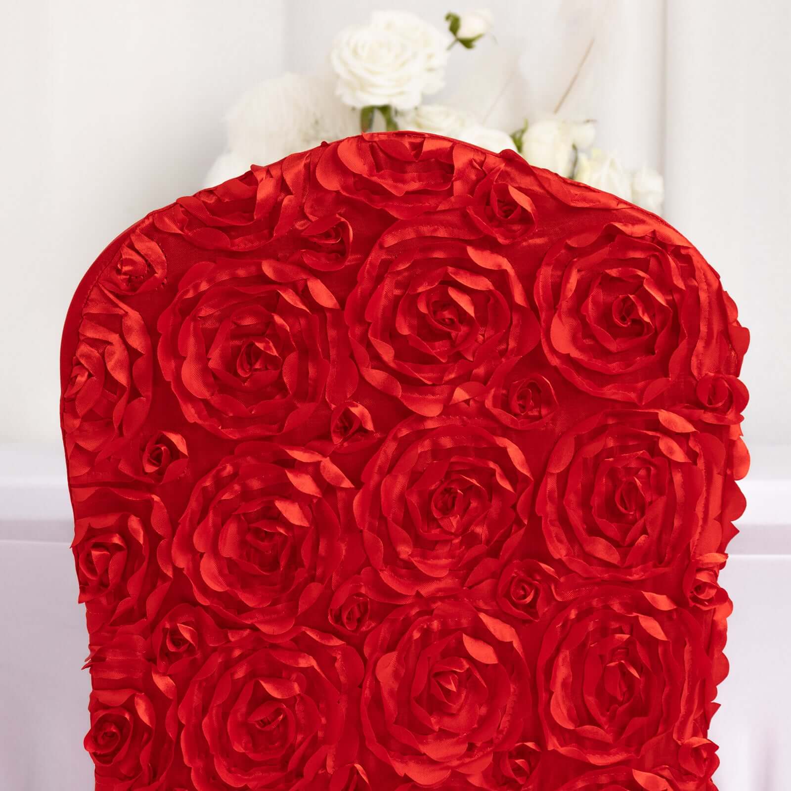 Red Satin Rosette Stretch Slip-On Cover for Banquet Chairs - Great Value!