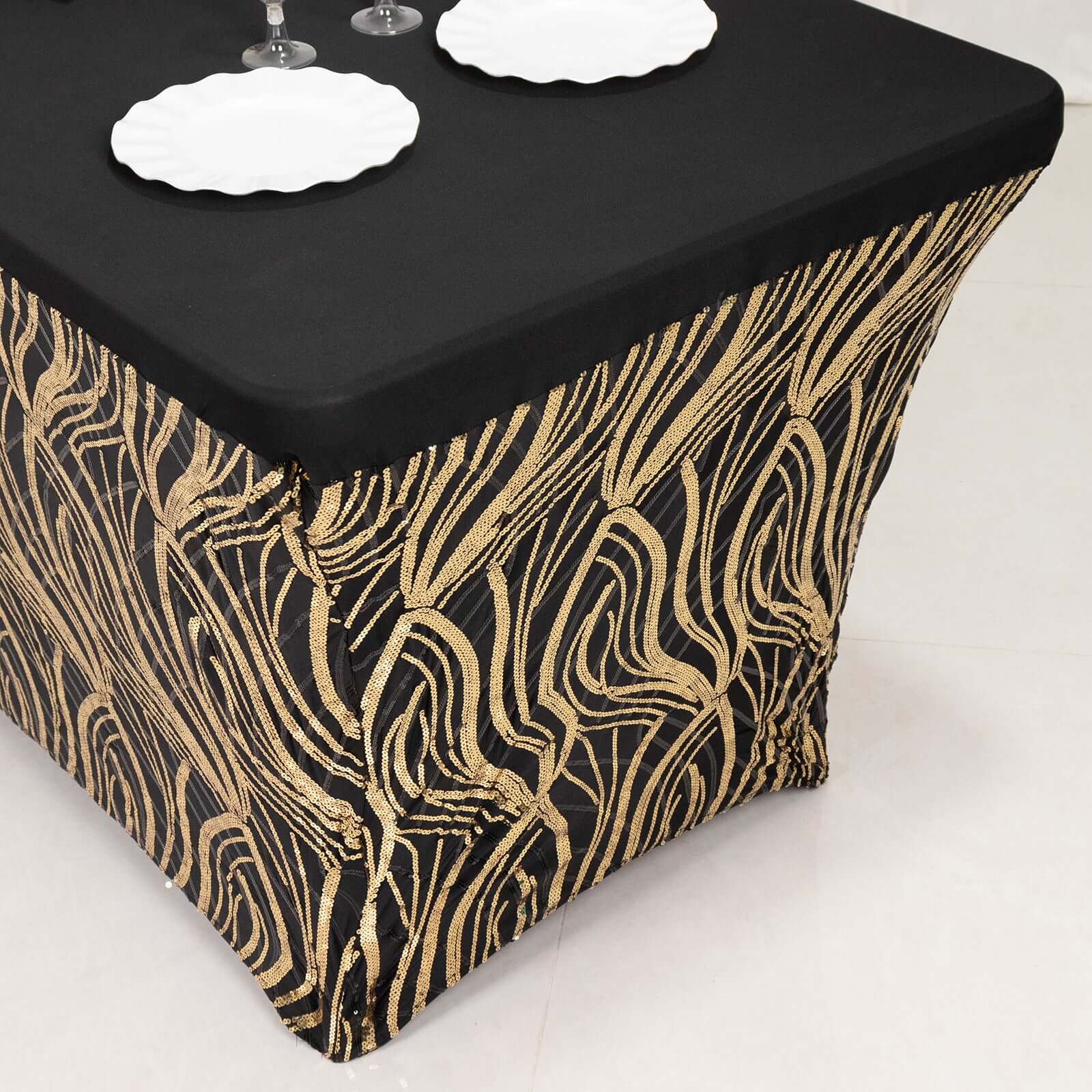 Black/Gold Wave Embroidered Four-Way Stretch Sequin Spandex Tablecloth for Luxe Events