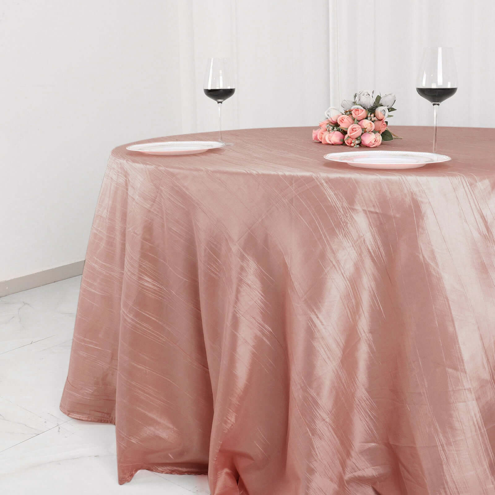 Hot Sale! Seamless Accordion Crinkle Dusty Rose Taffeta 132 Round Tablecloth for Events