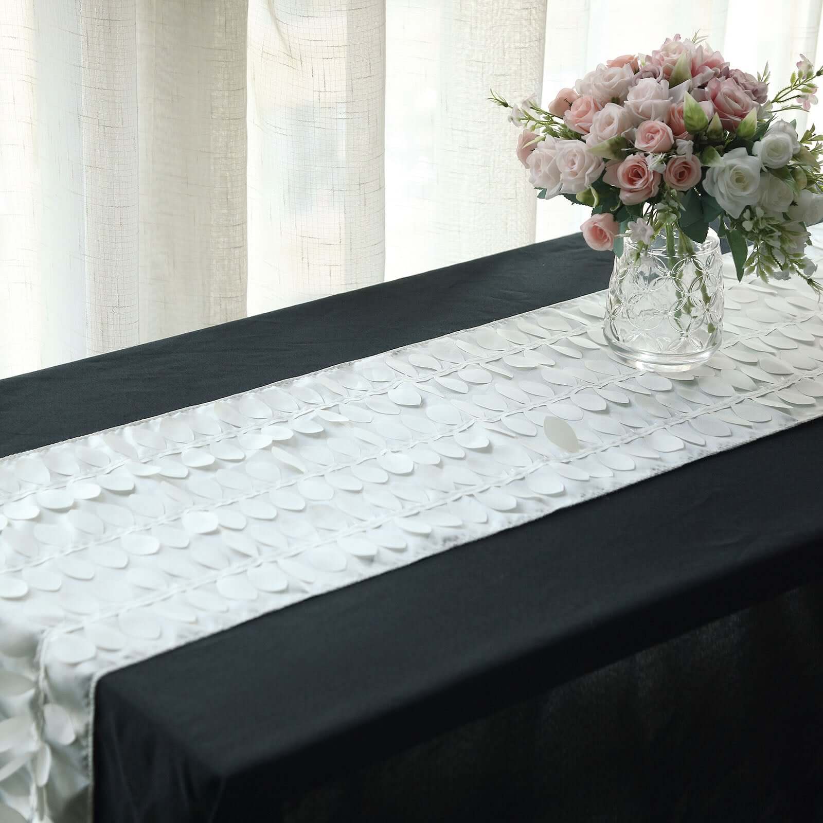 Hot! Ivory Taffeta Table Runner with 3D Leaf Petal Design, 12x108