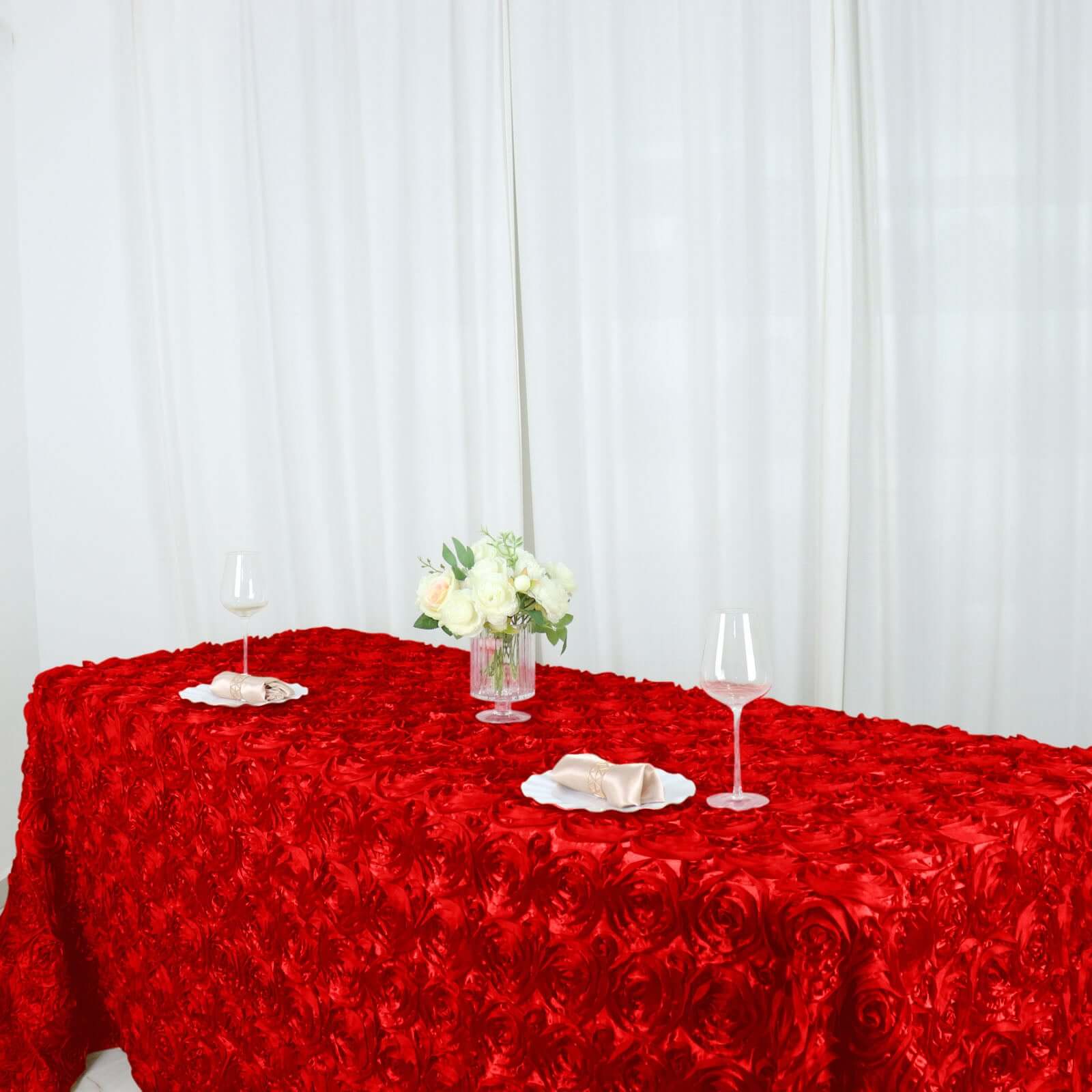 Hot Deal! Red Satin 90x132 Rectangle Tablecloth with 3D Rosette