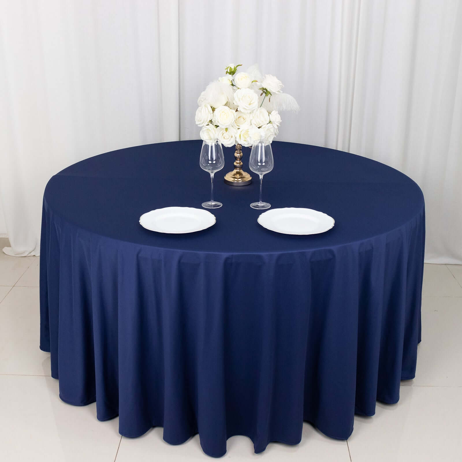 Hot Deal! Premium Navy Blue 120' Round Scuba Polyester Wrinkle-Free & Stain-Resistant Tablecloth