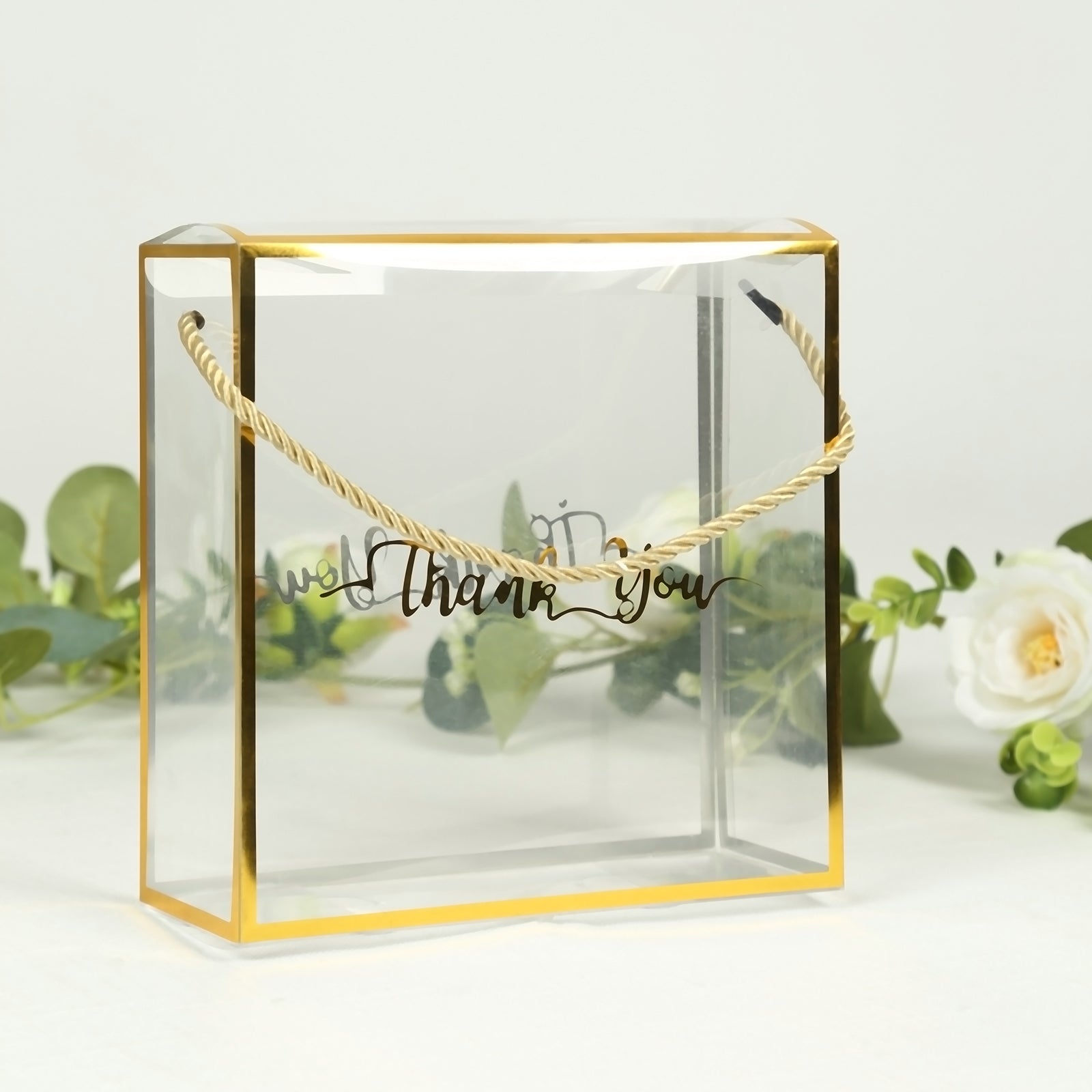 25-Pack Square Clear PVC Gift Boxes with Gold Trim, Rope Handles and 'Thank You' Print, 8x8 Size