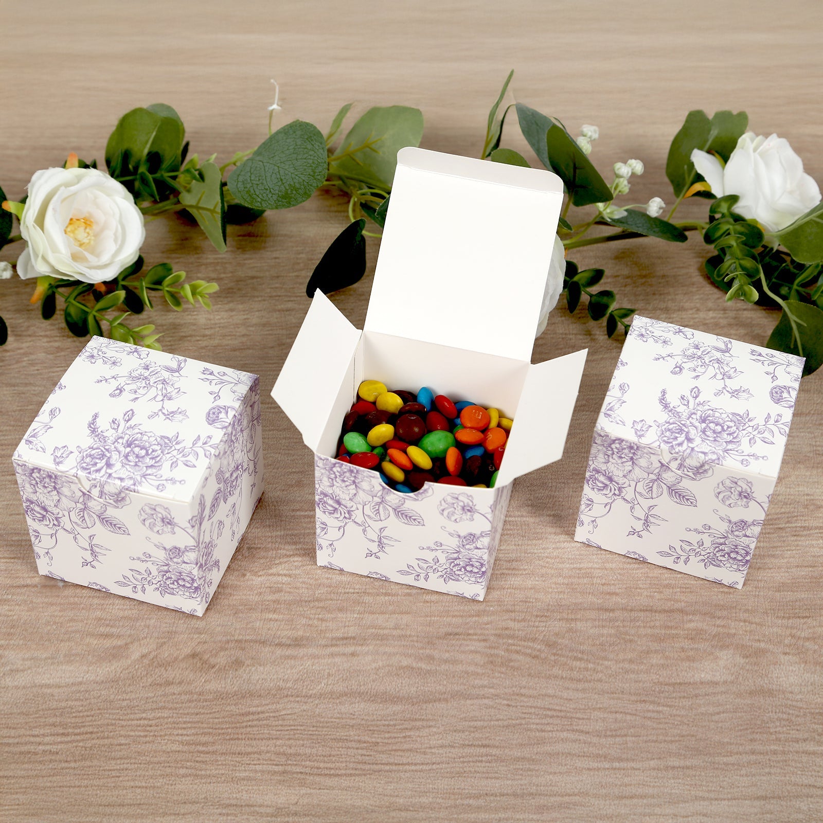 25-Piece Matte Lavender and White French Toile Pattern Cardstock Candy Favor Boxes - 3x3