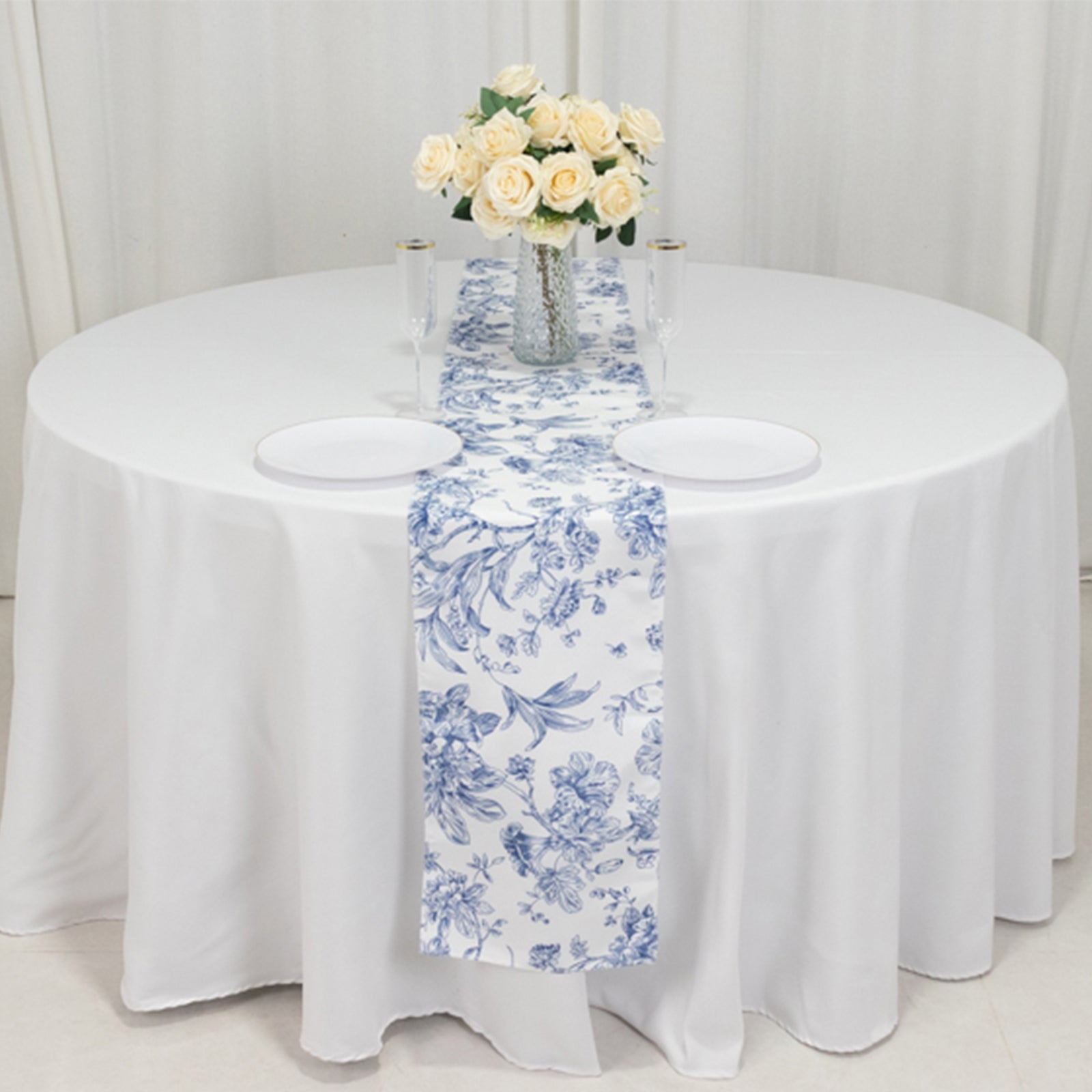 Stylish Reusable White & Blue French Toile Floral Print Polyester Table Runner 12x108 - Perfect for Decor