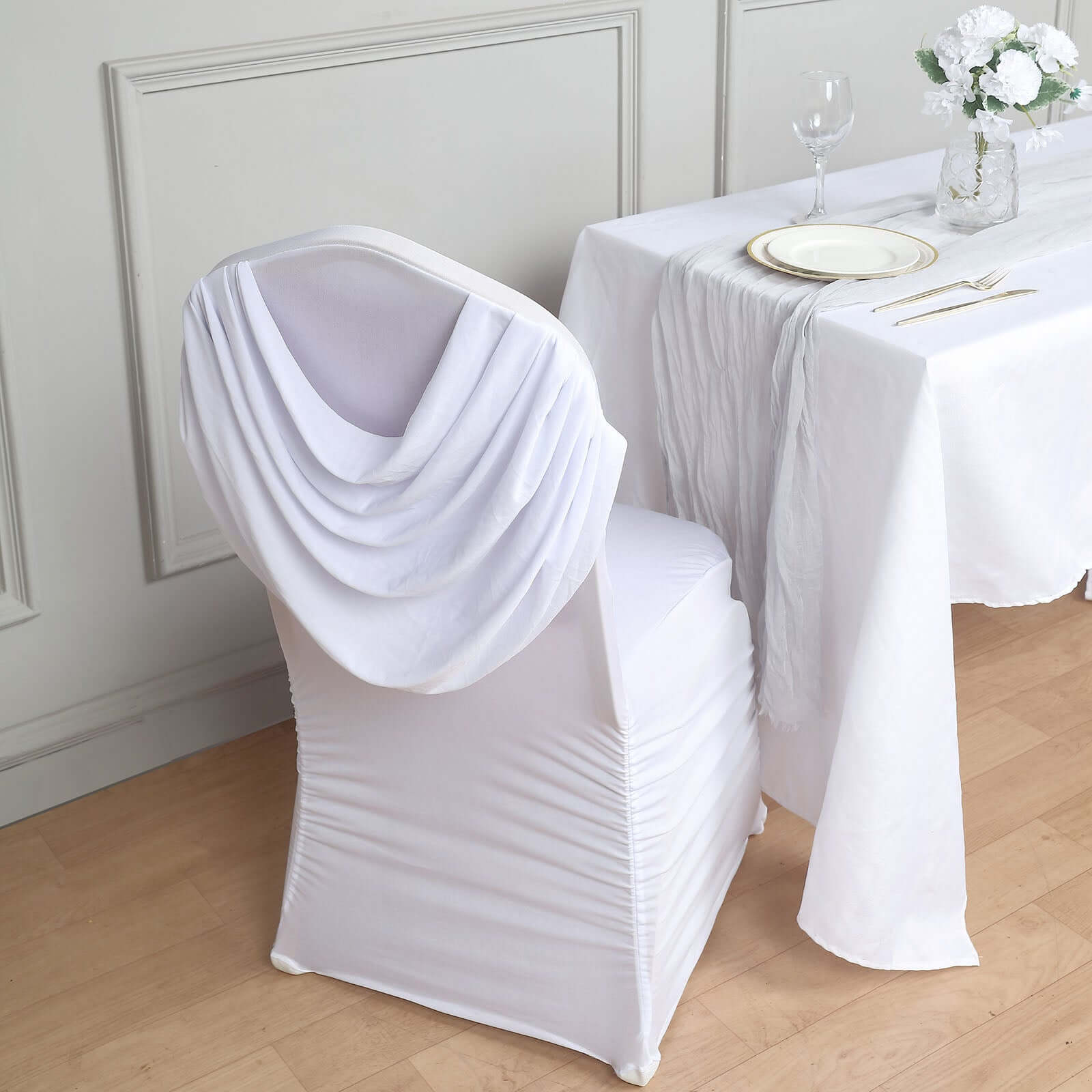 Stylish White Spandex Banquet Chair Cover with Ruched Swag Back & Foot Pockets for Weddings