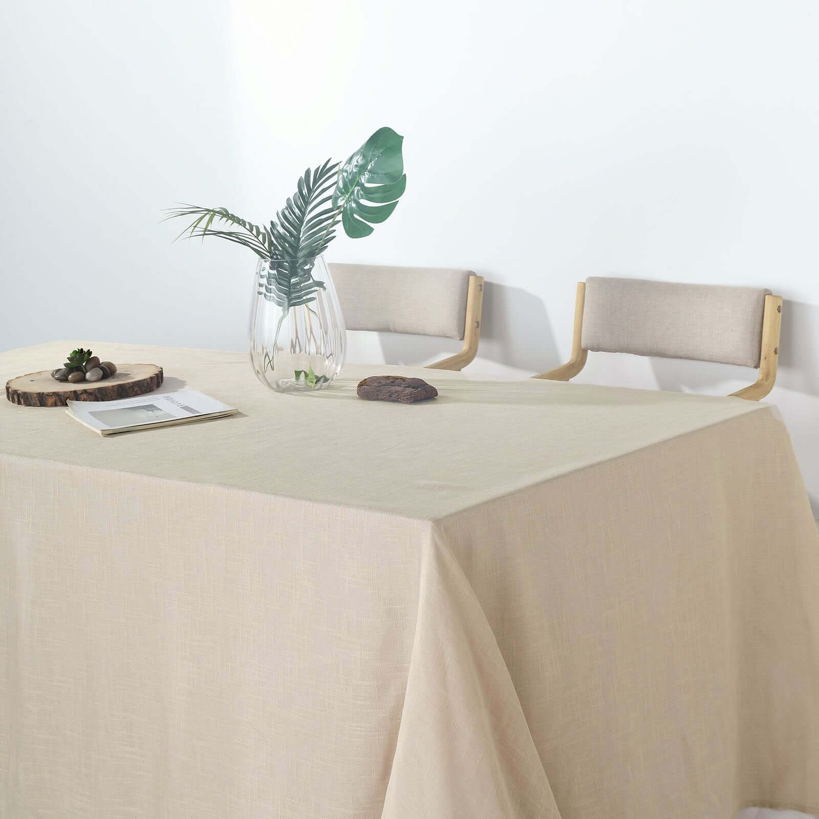 Beige Faux Linen Rectangular Tablecloth - Wrinkle-Resistant, Slubby Texture