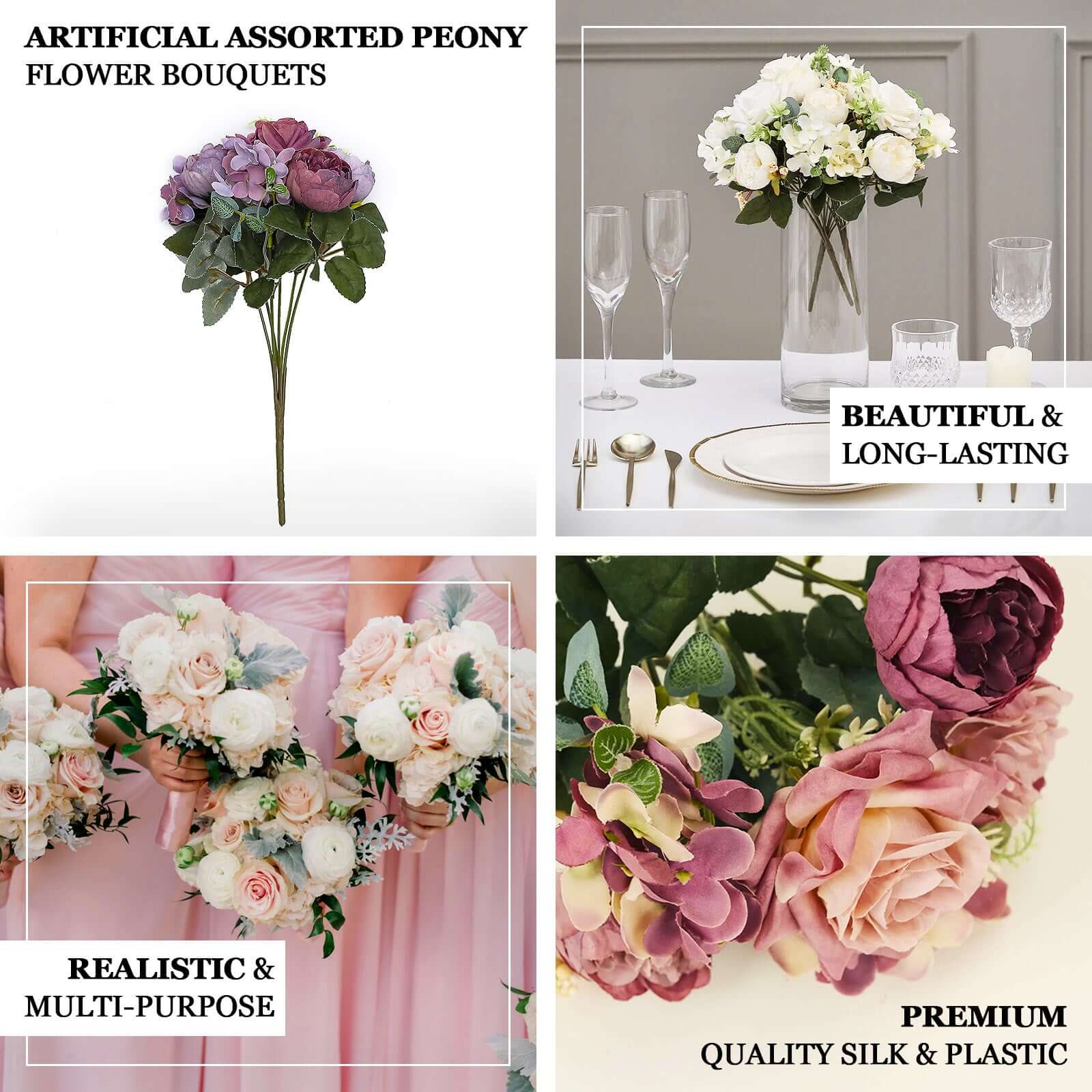 2-Pack Navy Blue Silk Artificial Rose & Peony Floral Arrangements for Weddings and Home Decor