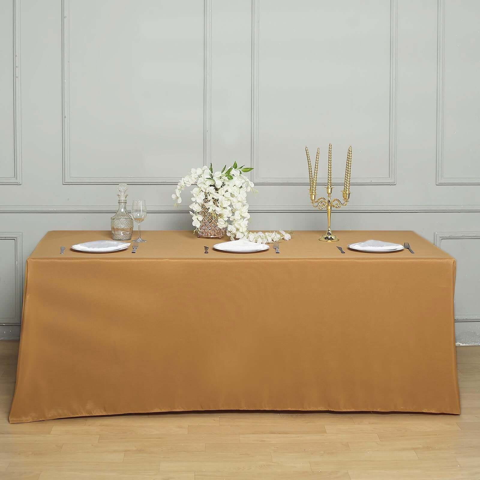 Exclusive Gold Polyester 90x132 Rectangle Tablecloth - Seamless & Wrinkle-Resistant for Luxurious Celebrations