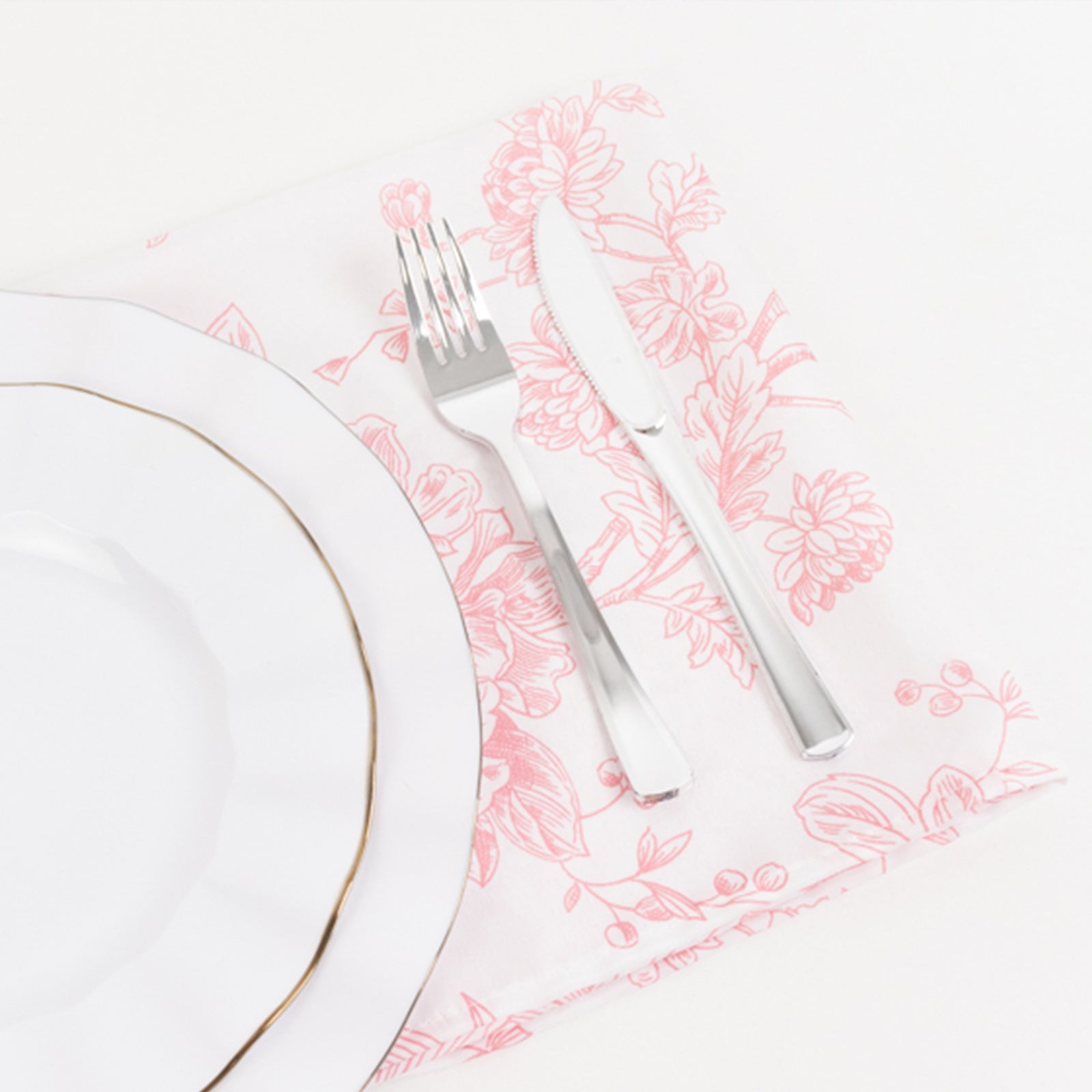Hot Deal! 5-Pack 20x20 Pink & White French Toile Floral Polyester Reusable Dinner Napkins