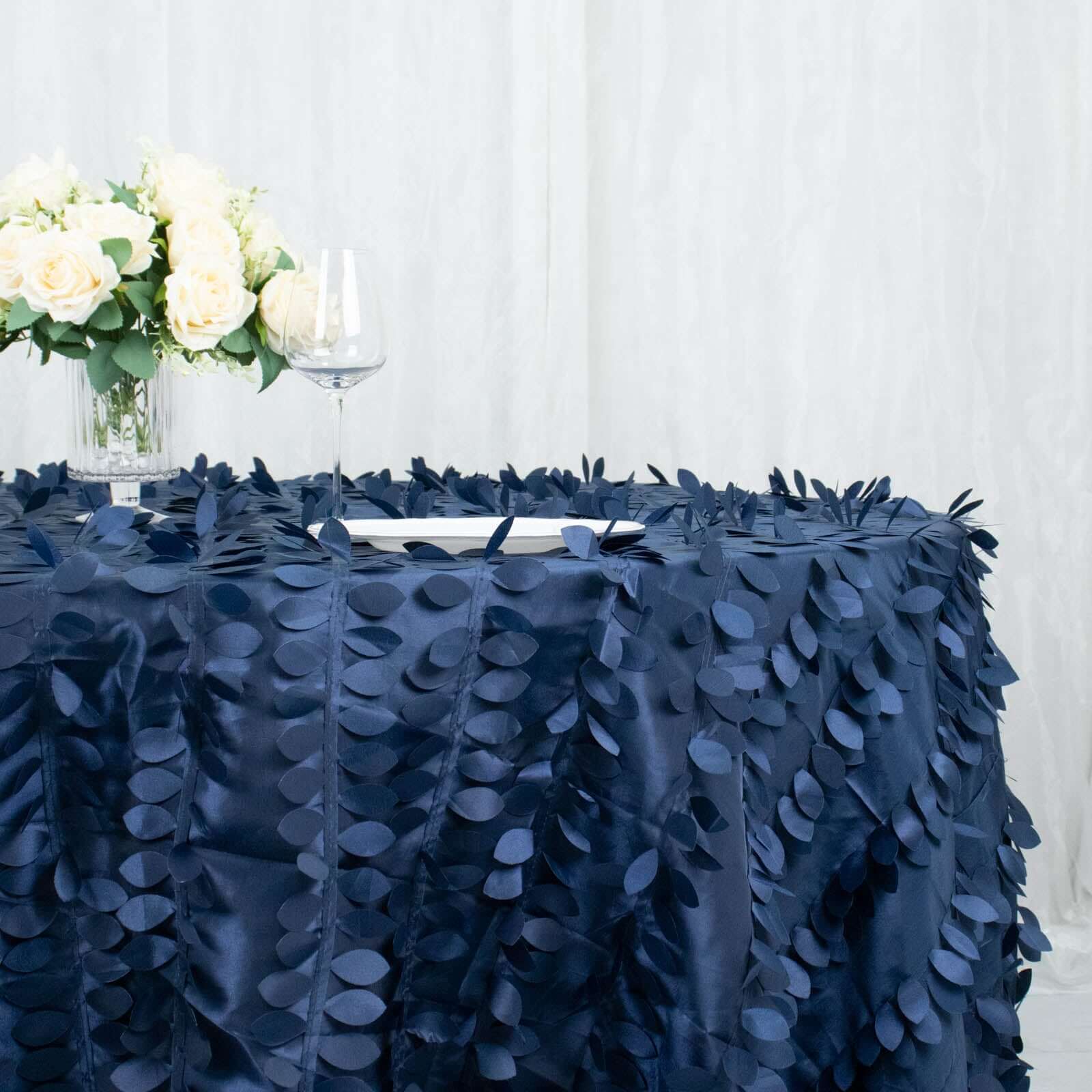 Hot Sale! Navy Blue Taffeta 132-Inch Round Tablecloth with 3D Leaf Petal Design