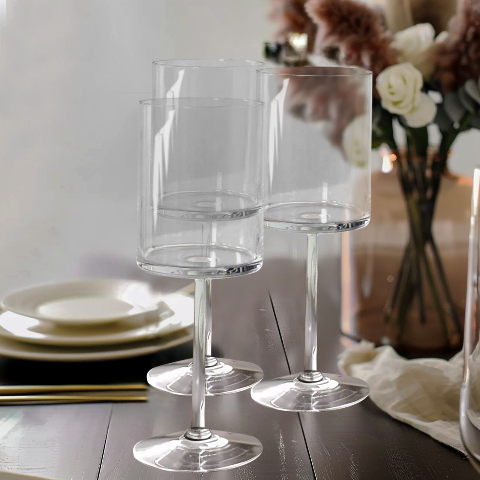 6-Piece Set of Clear Plastic Long Stem Cylindrical Cocktail Glasses - 10oz Shatterproof Tumblers