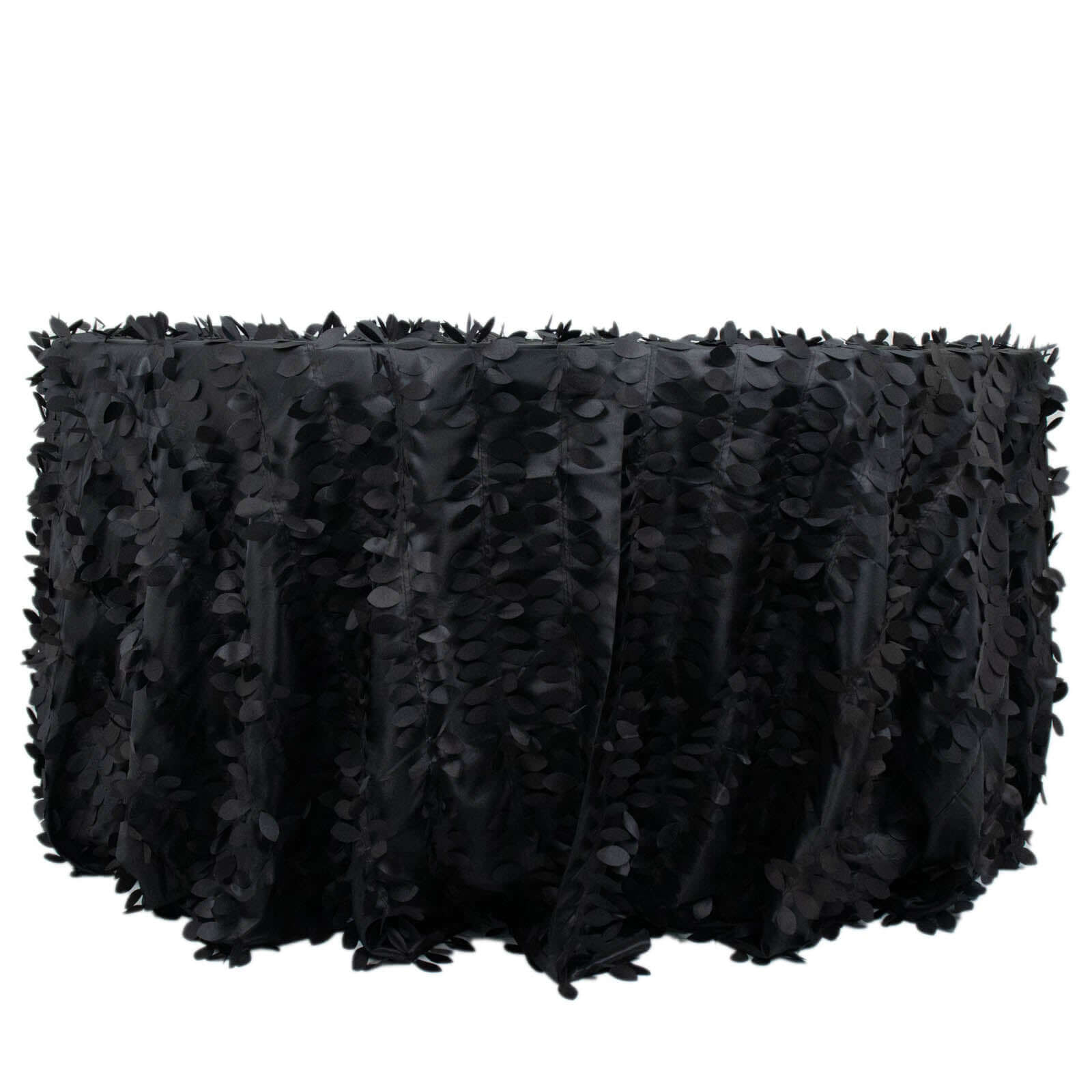 Black 132-Inch Round Taffeta Tablecloth with 3D Leaf Petal Seamless Design