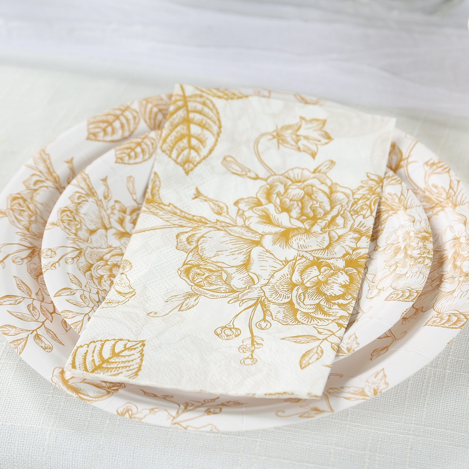 50-Piece 2-Ply White Paper Dinner Napkins with Gold French Toile Floral Design - Ideal for Events