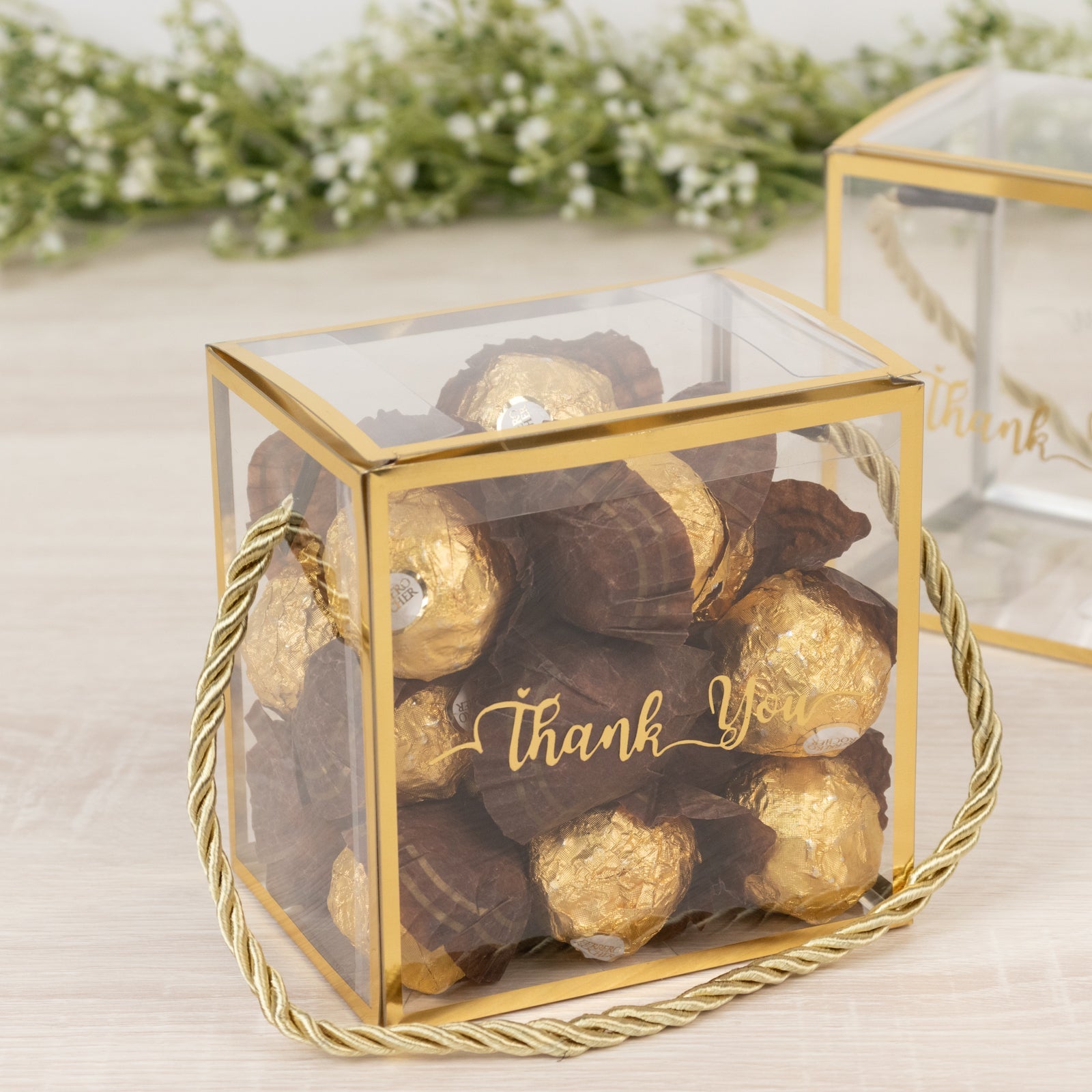 25-Piece Set of Clear Plastic Square Gift Boxes with Gold Trim and Rope Handles, Pre-Printed Thanks