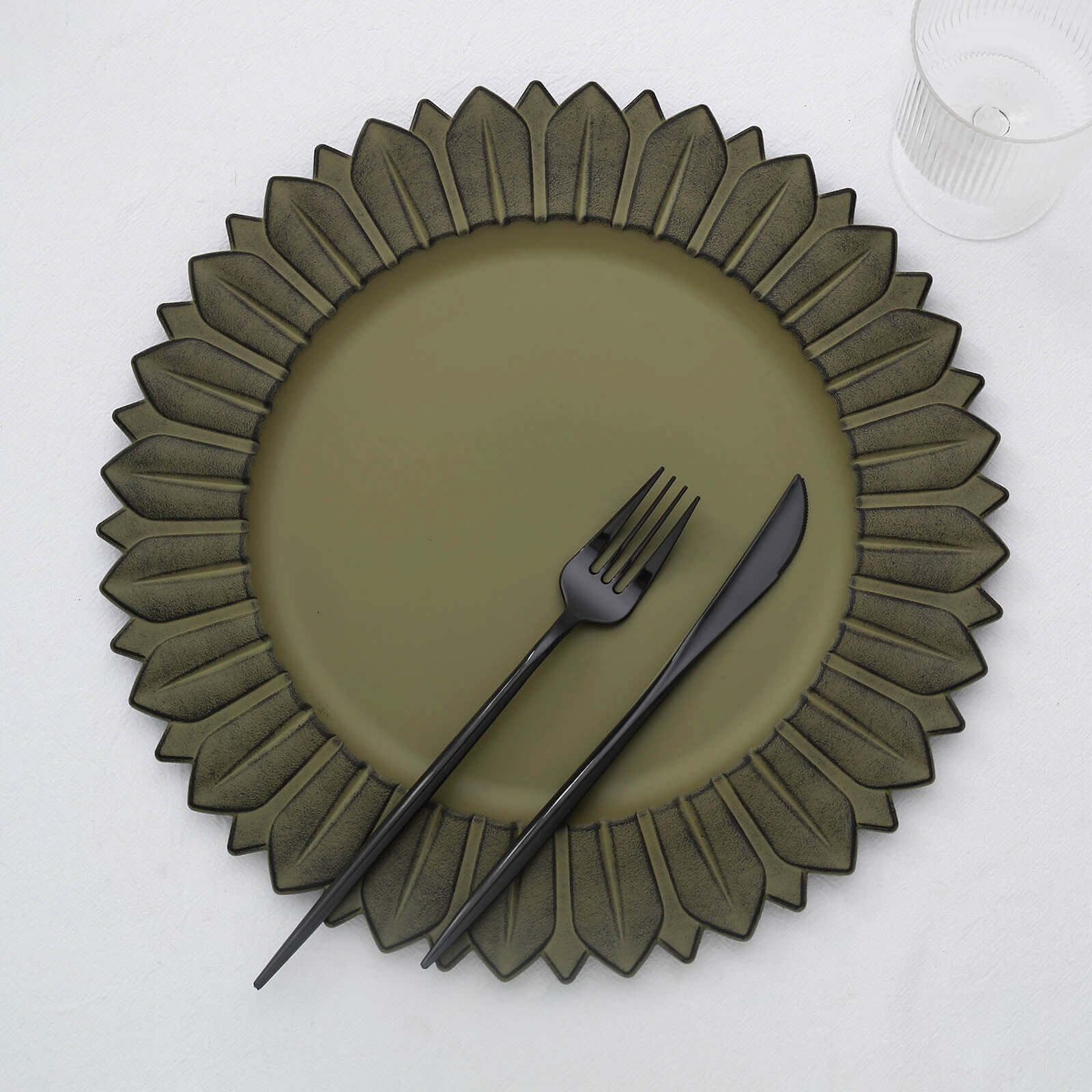 6-Piece Set of 13-Inch Matte Olive Green Plastic Round Charger Plates with Sunflower Rim