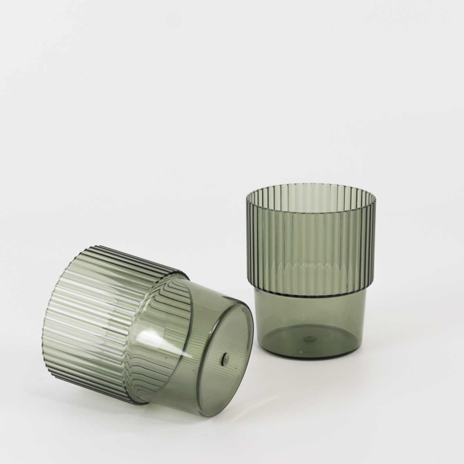 12-Pack Stackable 7oz Reusable Plastic Short Drinking Glasses in Hunter Emerald Green with Ribbed Pattern - Great Value!