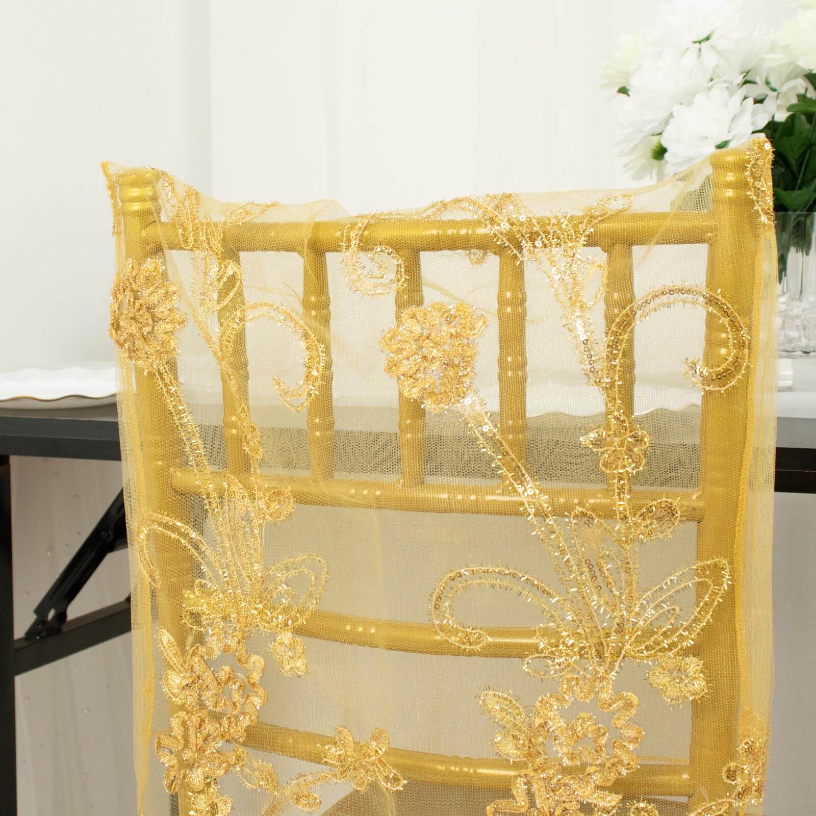 Hot! Gold Floral Sequin Embroidery Organza Chiavari Chair Slipcover