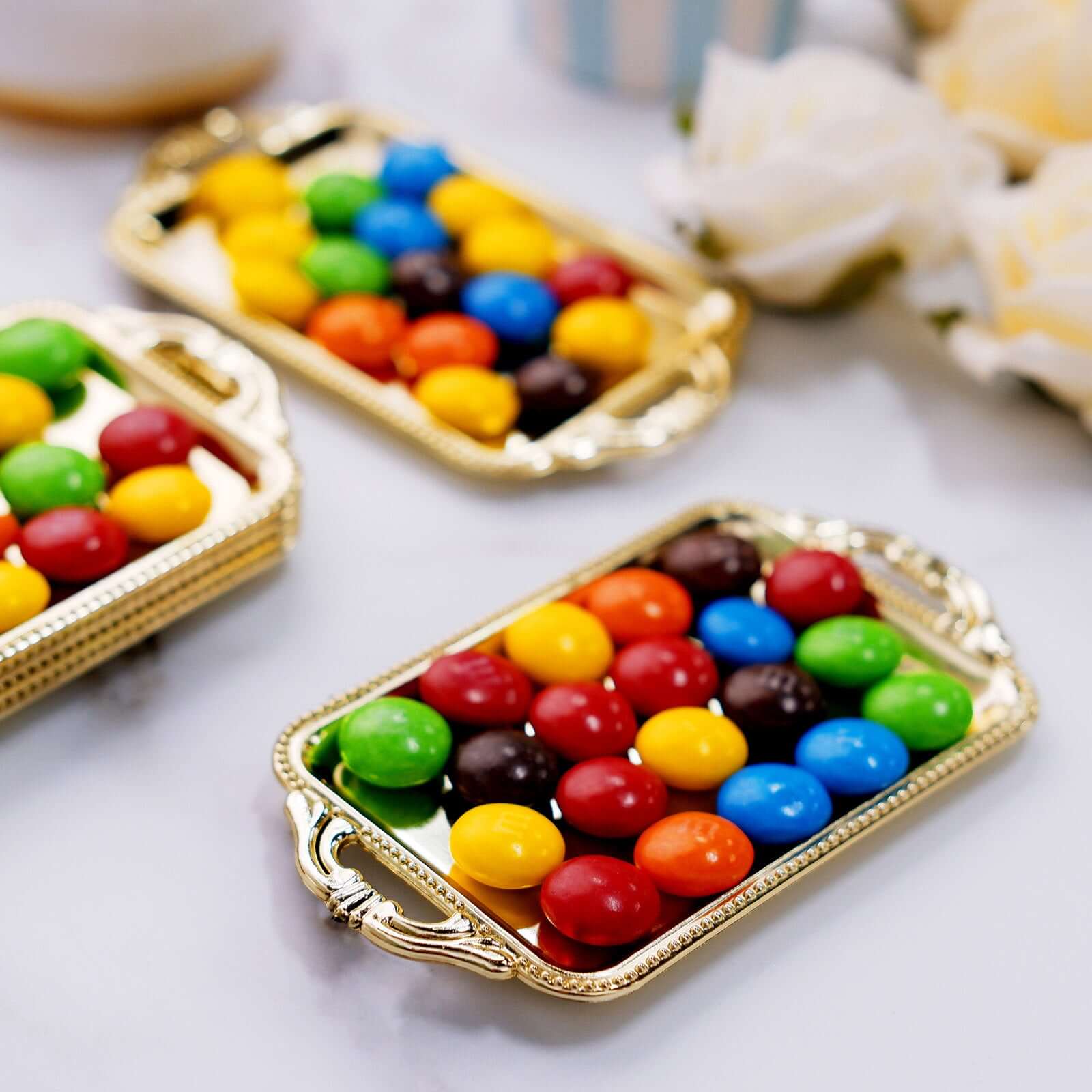 12-Piece Gold Rectangular Mini Display Trays for Candy and Party Favors