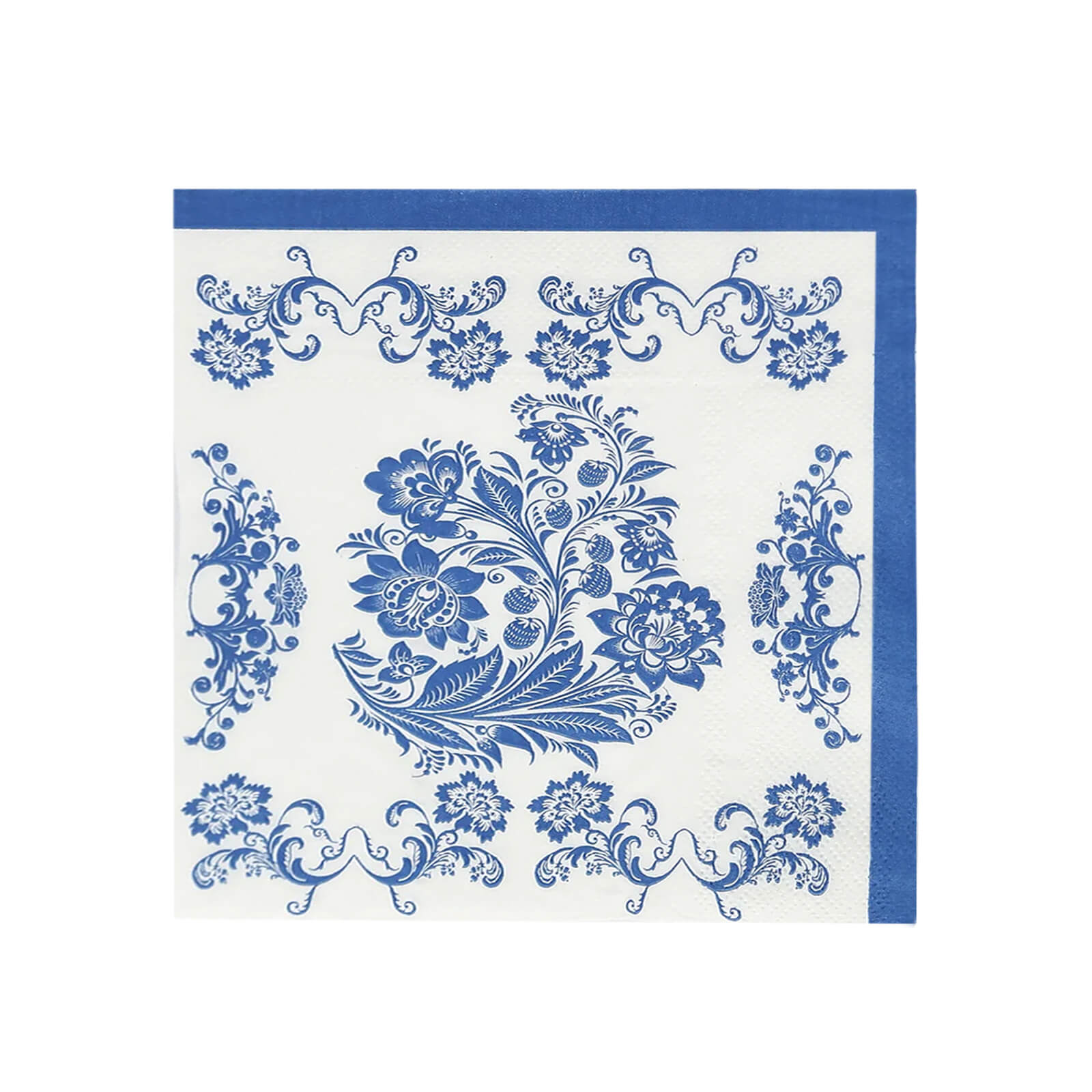 50-Pack Disposable 2-Ply Paper Cocktail Napkins in White & Royal Blue Damask - Soft & Highly Absorbent